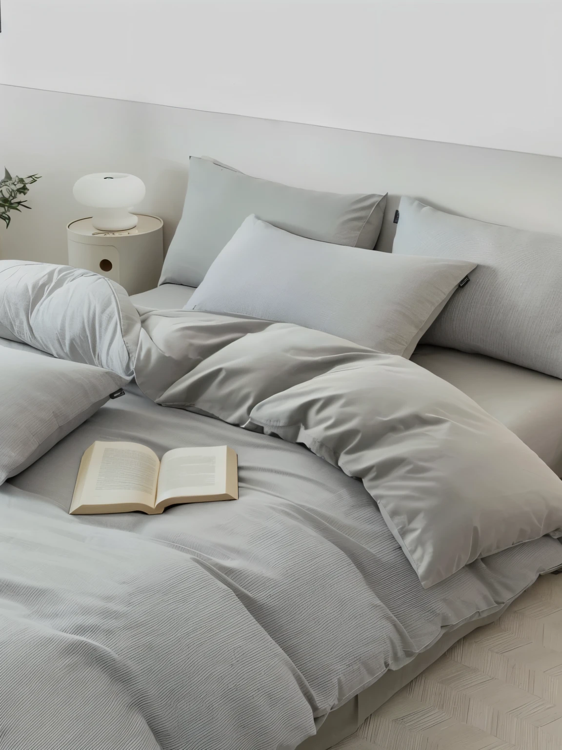 there is a book on a floor with a pillow and a lamp, Designed for comfortable aesthetics!, cozy floor, grey, light grey, floor, large comfy floor, solid grey, grey canvas, un made floor, Very comfortable], flat grey color, solid grey, grey, Dreamy, blue grey, soft. high quality, grey color, Good night, flat grey, monochrome