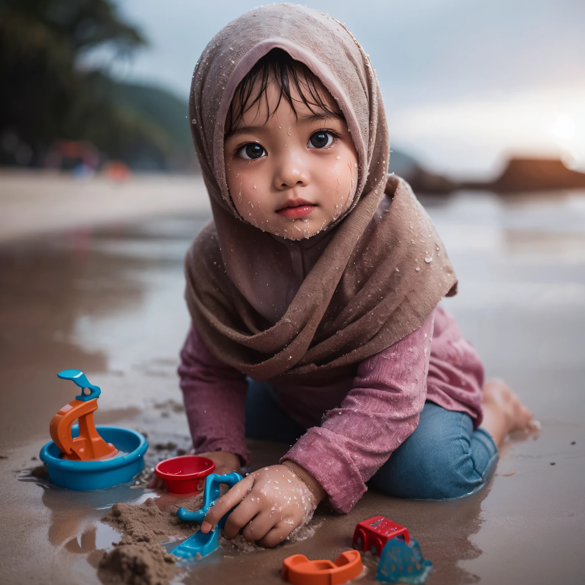 photo of a little Indonesian girl, , wearing a hijab, wet, playing with sand on the beach, with some beach toys, posing looking at the camera, realistic, ultra HD, 8k