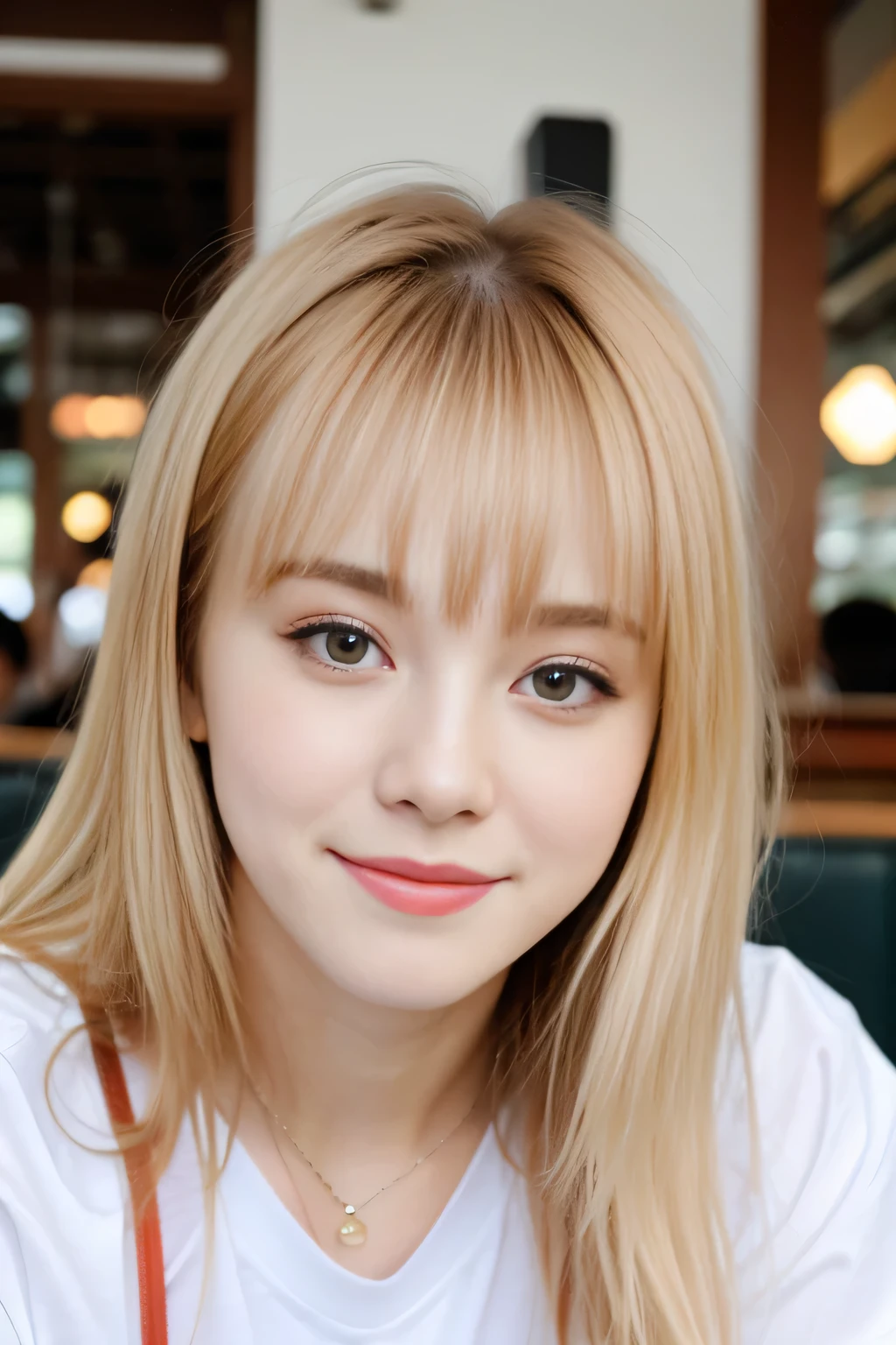 realistic photos of (1 cute Korean star) flipped hair, thin makeup, medium breasts size, clear facial features of Canon EOS, 16k, high resolution, sharp and realistic details, overexposure, cut-in, UHD, highres, best quality, wearing shorts , in a resturant