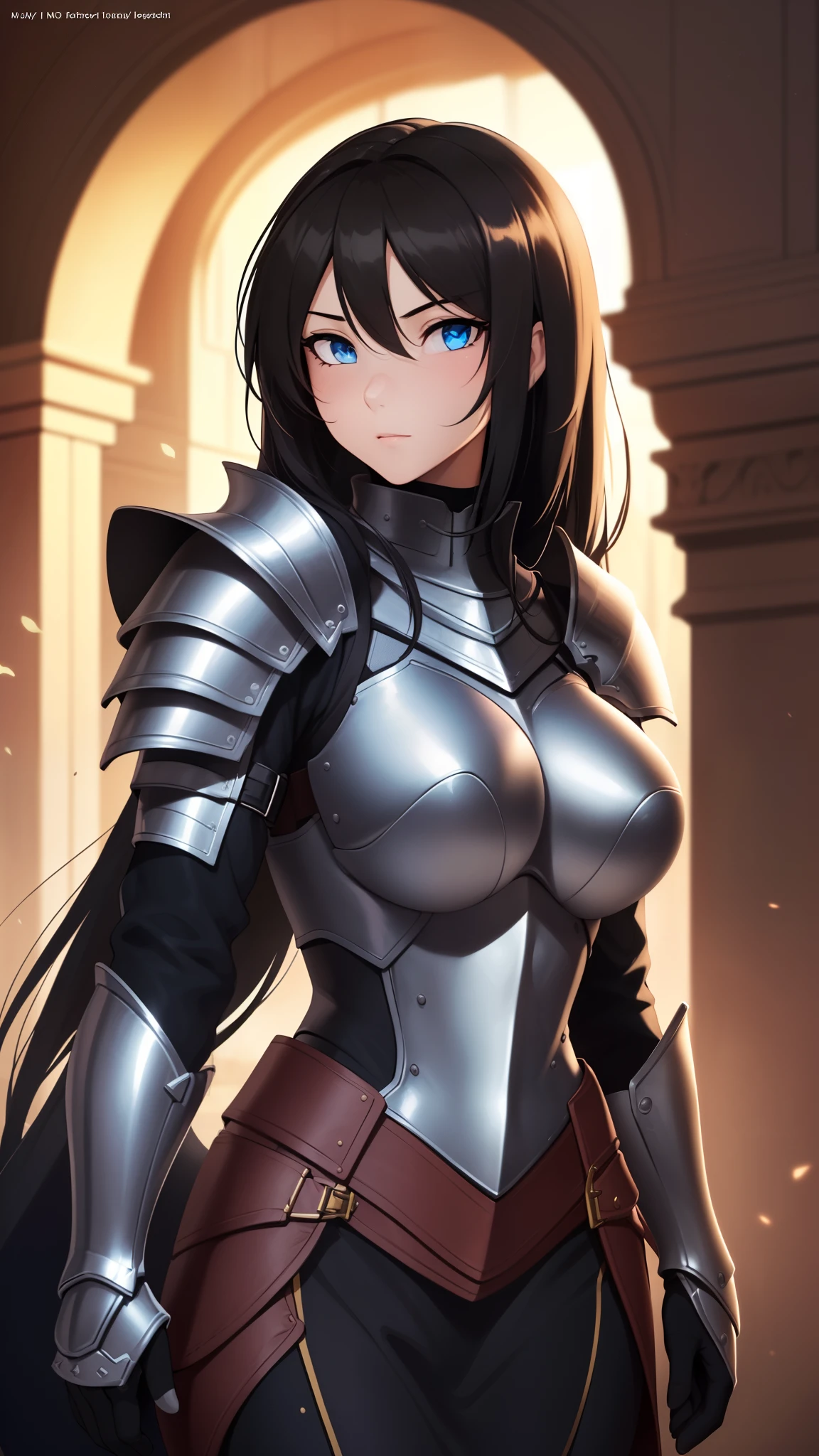 1girl, depth of field, official art, unity 8k wallpaper, ultra detailed, illustration, beautiful and aesthetic, masterpiece, best quality, knight, (big breastilf, mature female), (black armor, armor, breastplate), beautiful face, (long hair, black Hair), furry