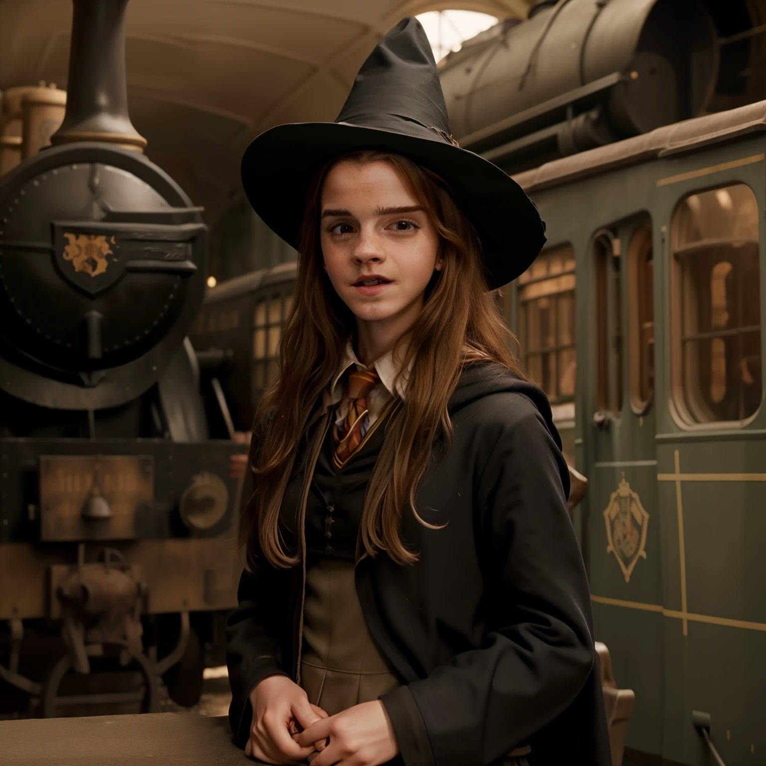 Mujer arafed con sombrero negro y abrigo parada frente a un tren, en hogwarts, estilo hogwarts, Still from the Emma Watson movie., classic witch, inspirado en Hermione Hammond, emma watson como harry potter, Anya Taylor - Vampire Queen Joy, una joven maga, hermione, vistiendo un vestido viejo negro y un sombrero, Still from the Emma Watson movie., Hermione Granger