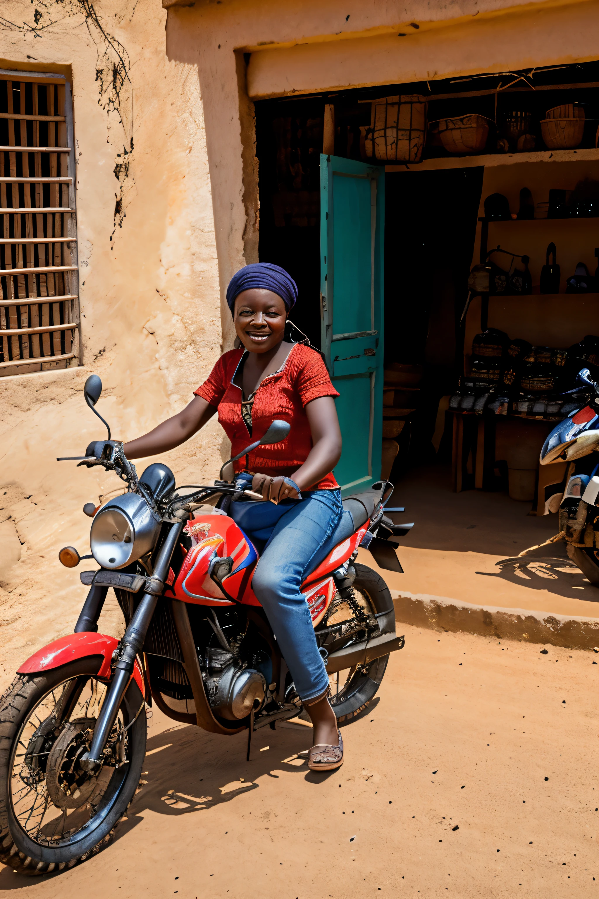 An African peasant lady buying a motorbike in a run-down African shop, a mota ao lado dela, sorriso no rosto da senhora , with typical African clothing