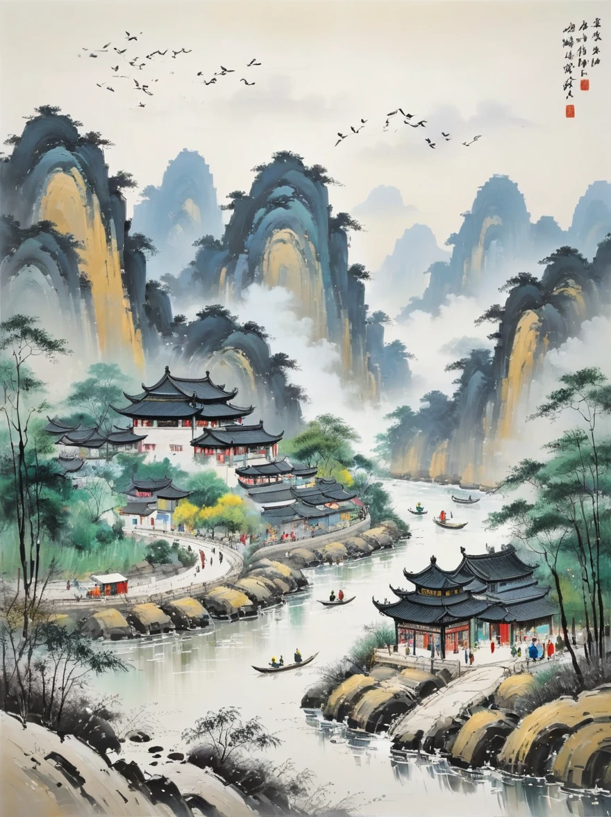 Wu Guanzhong style,Emerging young artists supported by Wu Guanzhong,Through the fusion of traditional and modern elements,By the river in the early morning,Several women are busy doing laundry,The picture is full of tranquility and life,The figures of the women look soft and peaceful in the morning light。The surrounding bamboo forests sway gently in the wind,the river is crystal clear。The entire scene is depicted vividly and in the artistic style of Wu Guanzhong,That is, using the techniques of Chinese ink painting combined with modern composition and color,Showing a unique modern Chinese aesthetic