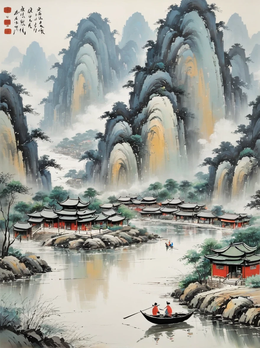 Wu Guanzhong style,Emerging young artists supported by Wu Guanzhong,Through the fusion of traditional and modern elements,By the river in the early morning,Several women are busy doing laundry,The picture is full of tranquility and life,The figures of the women look soft and peaceful in the morning light。The surrounding bamboo forests sway gently in the wind,the river is crystal clear。The entire scene is depicted vividly and in the artistic style of Wu Guanzhong,That is, using the techniques of Chinese ink painting combined with modern composition and color,Showing a unique modern Chinese aesthetic