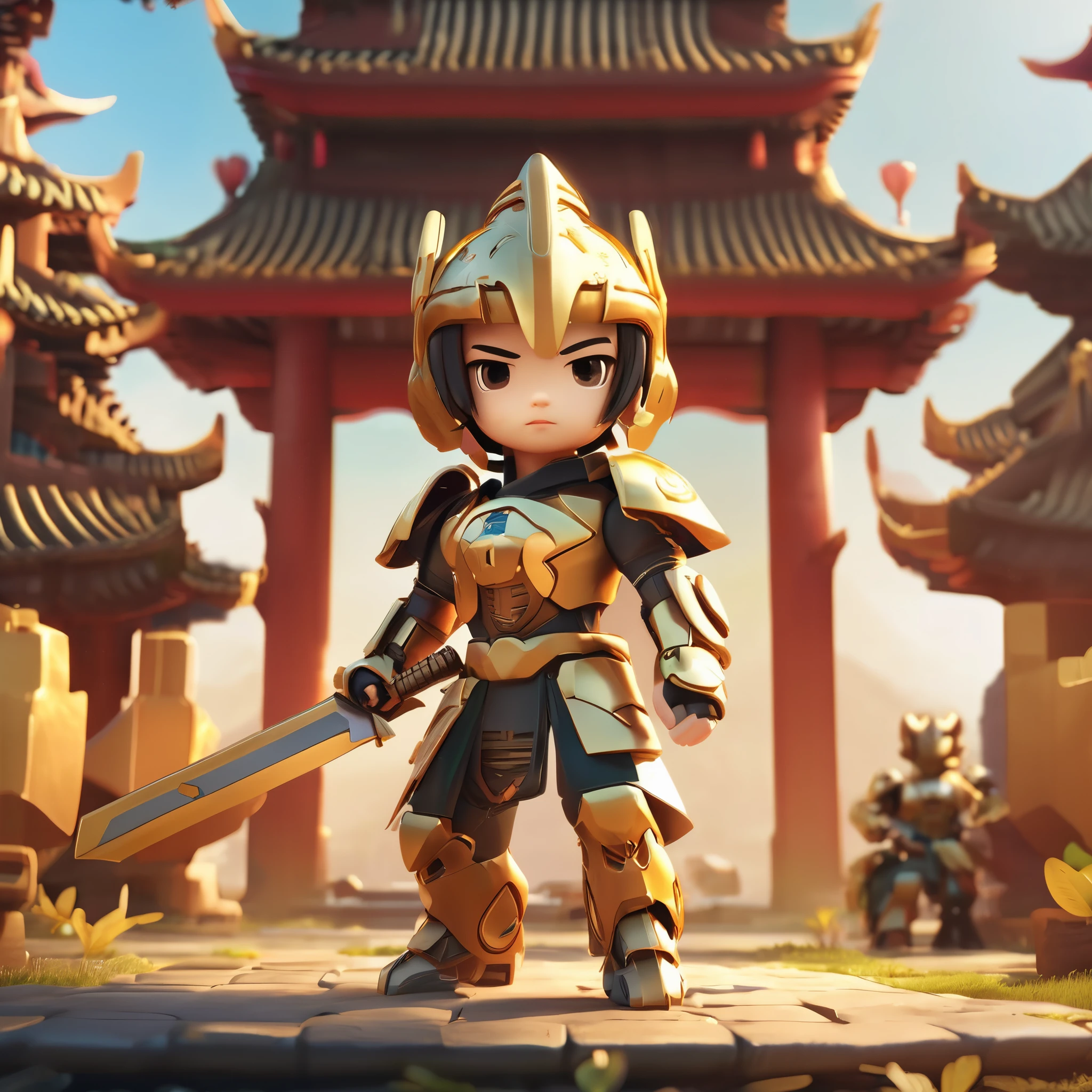 一个帅气的中国元素Mecha战士，chibi，man，steady，wearing a helmet，Light black eyes,( Obre:1 3) long hair,Outdoor activities,natural lighting,film grain,warrior寺,light, warrior, (universe),(holding sword:1.3), (Fight with other characters:1.2), luminescent, armor, luminescent eyes, Mecha, 