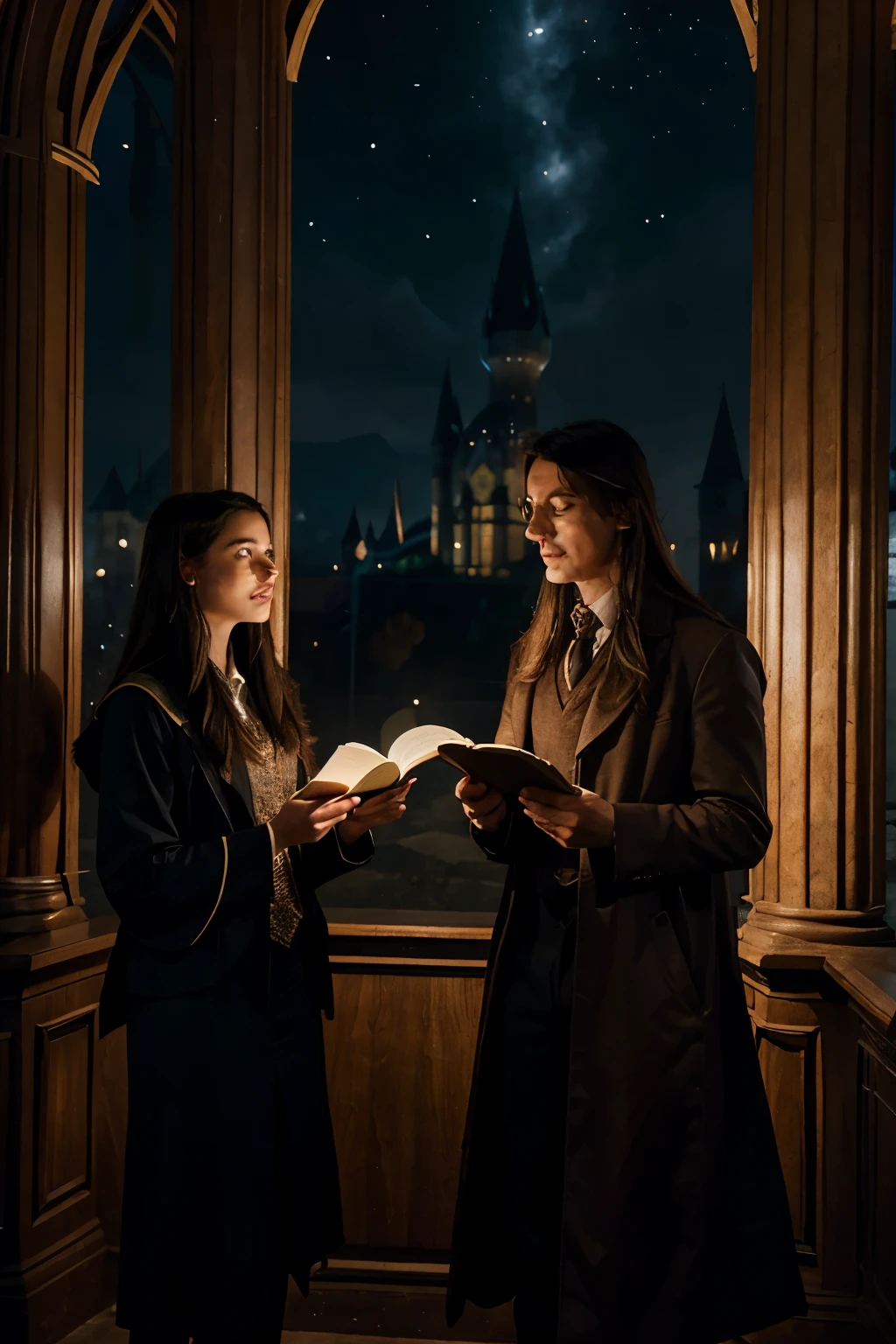 promp Upon arriving at Hogwarts, Emily and Alex immediately noticed the presence of a new professor: the enigmatic Professor Luminis, a wizard adept in the study of stars and celestial bodies. They soon discovered that the professor was searching for the Guardians, a group of students destined to protect an ancient magical artifact of great power.