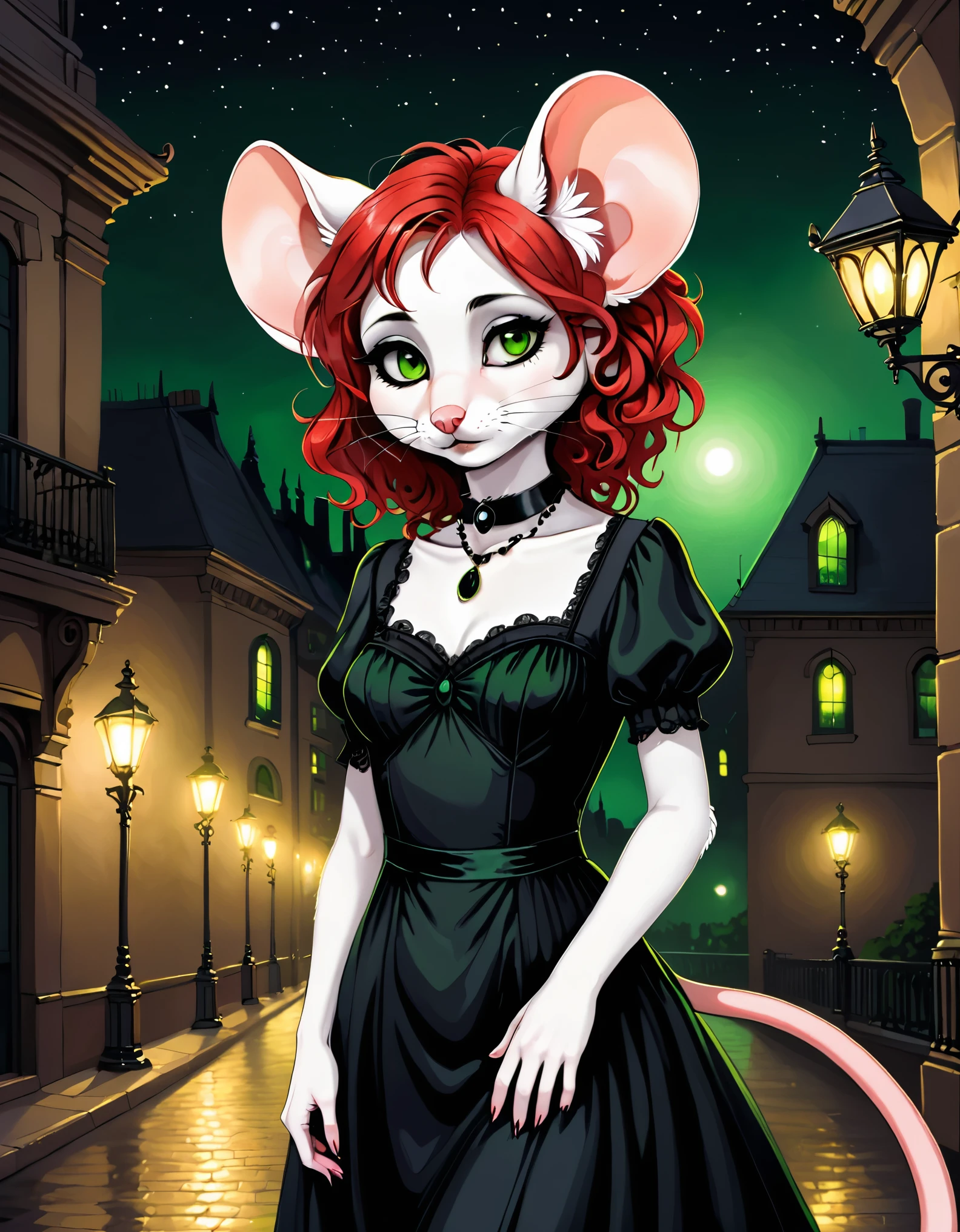 solo, (high resolution, masterpiece, detailed), furry, female, light fur, light ears, red hair, black eyebrows, green eyes, mouse girl, small breasts, mouse tail, curly hair, black eyeshadow, black lipstick, goth, choker necklace, elegant traditional-style formal dress, nighttime,