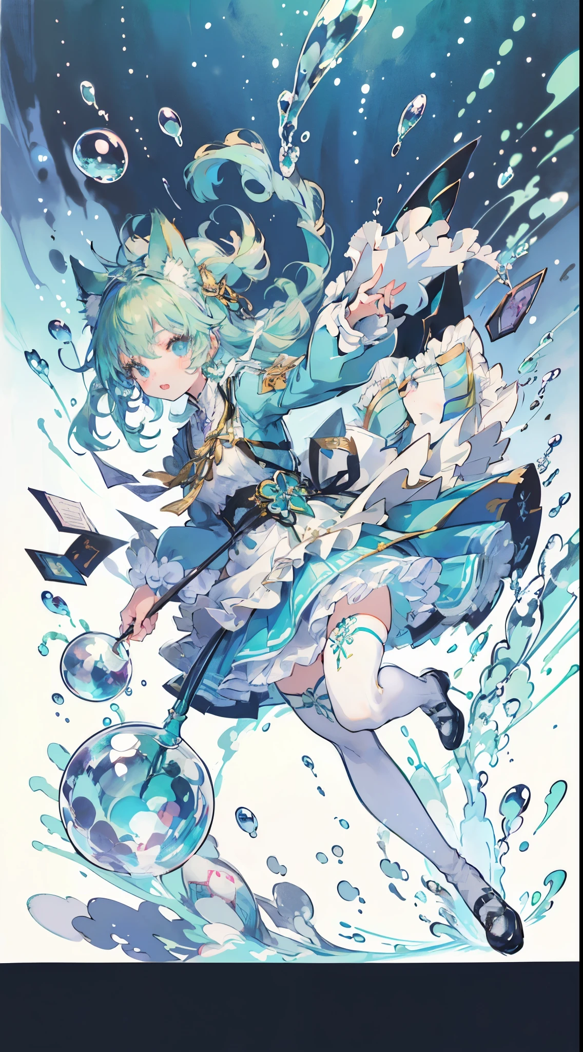 ((table top, highest quality: 1.1), ((Anime girl in a blue dress with a magic wand)), art nouveau、Anime cat girl wearing a maid costume, , ((Green hairs))、long haired person、((Eyes that shine like jewels, long eyelashes, and a sense of transparency))、Very Beautiful Anime cat girl, アニメcat girl, ((white knee highs)), 魅力的なcat girl, I'm at the candy store,Inspired by Leiko Ikemura, Aya Takano color style, in ryuuou no oshigoto art style, cat girl, A character you admire, rei hiroe、Smiling