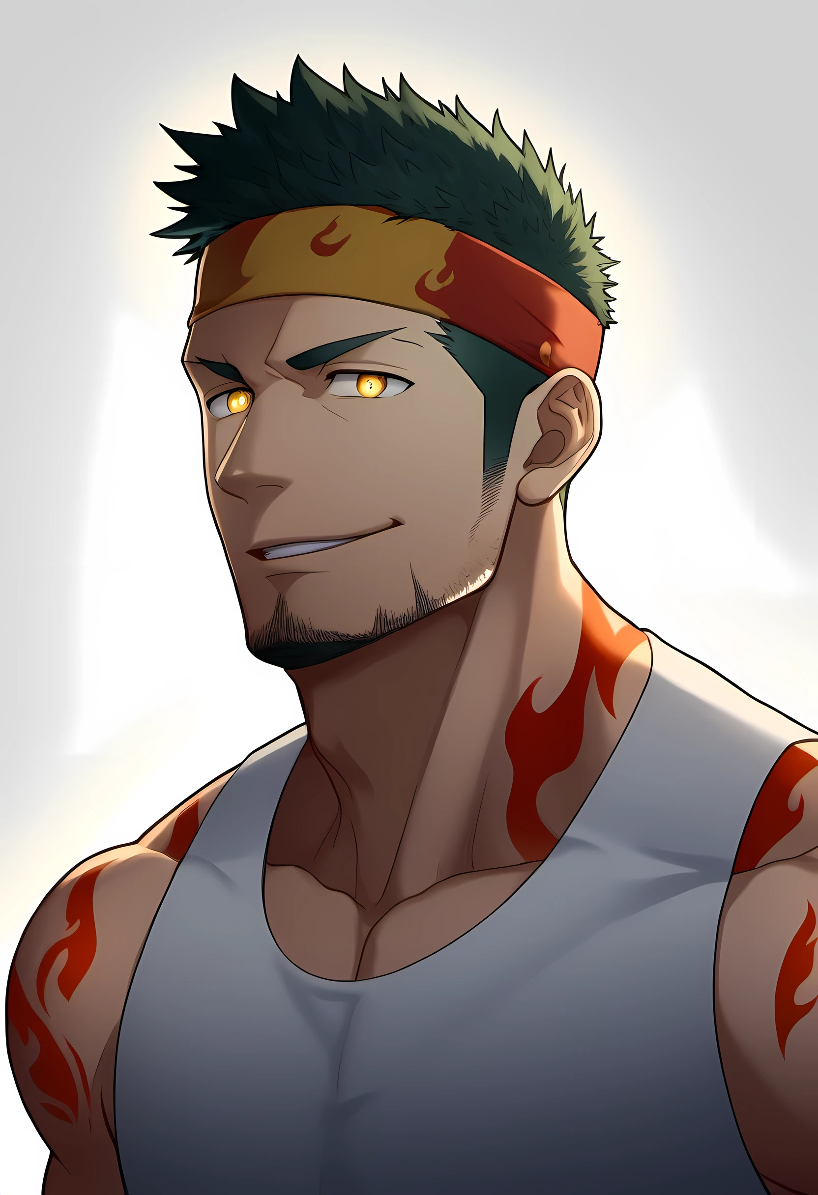 anime characters:Guy, Priapus, 1 muscular man god, Flame tattoo, Sport red headband, Cream spandex tight tank top, muscular male, muscular, only, Upper body, alone, short black hair, thick eyebrows, stubble, yellow eyes, White background, simple background, amazing quality, best aesthetics, Ridiculous, bright pupils, short hair, naughty face, torogao, open lips, divine light, chiaroscuro, shadow, best quality