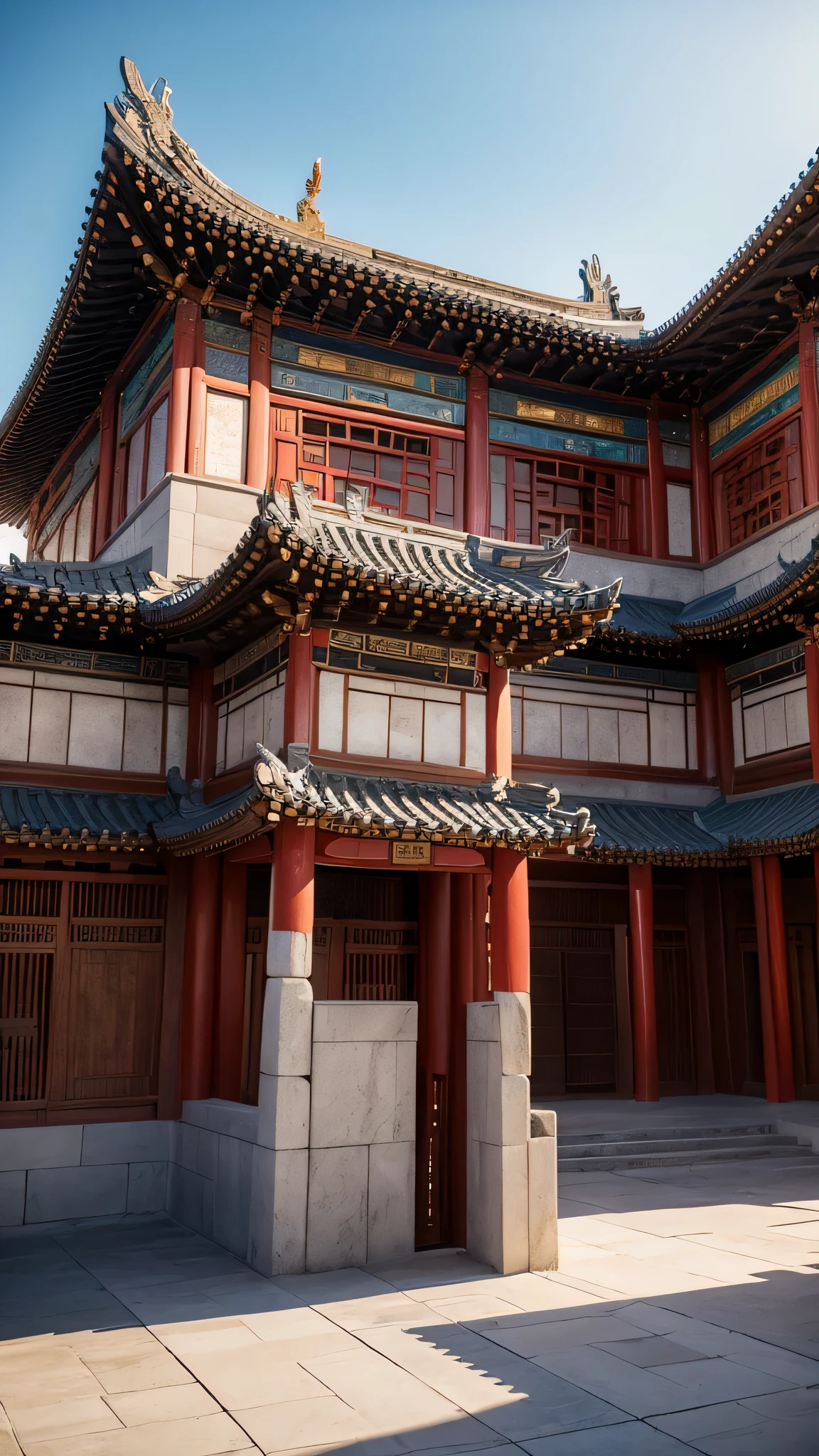 Surrealism, high detail, Light, Light线追踪, view, Shoot at eye level, super high quality, masterpiece, textured skin, 4k, best quality,Ancient style architecture,Chinese style,The building is tall and majestic,