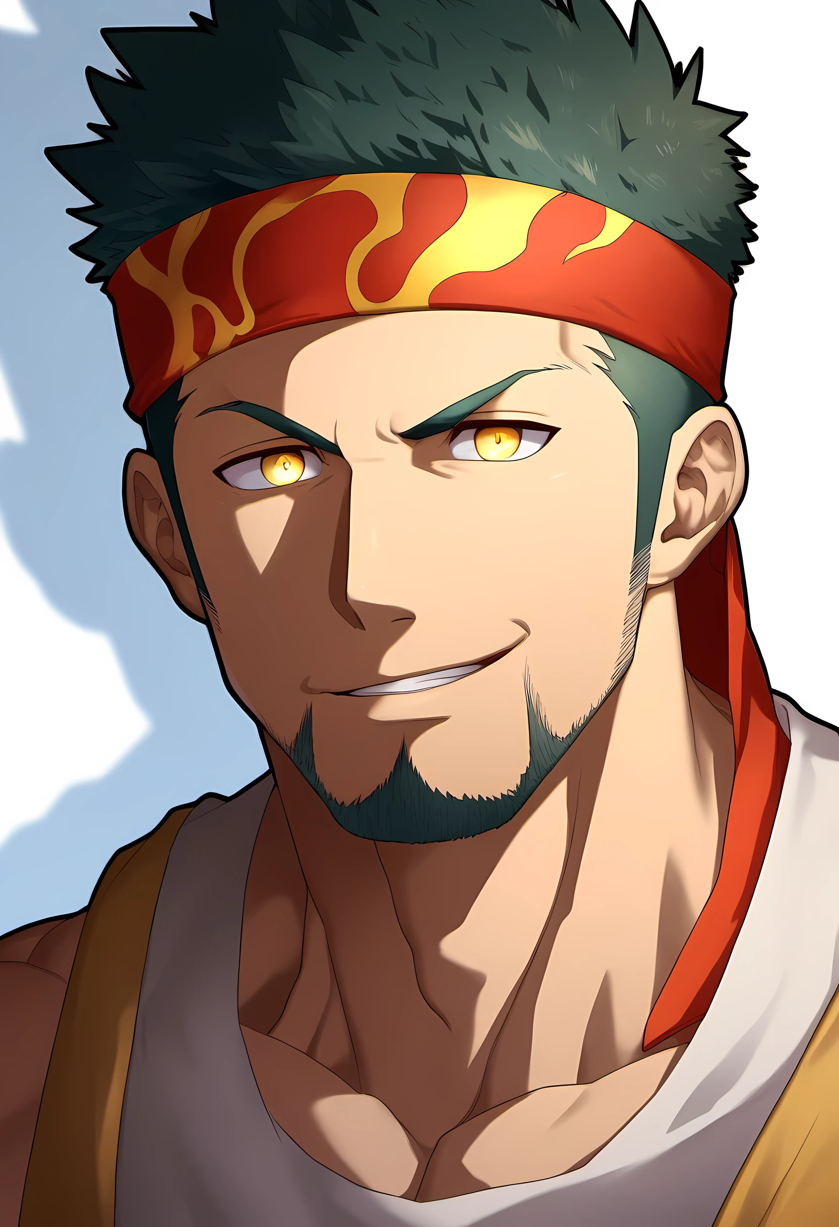 anime characters:Guy, Priapus, 1 muscular man god, Flame tattoo, Sport red headband, Cream spandex tight tank top, muscular male, muscular, only, Upper body, alone, short black hair, thick eyebrows, stubble, yellow eyes, White background, simple background, amazing quality, best aesthetics, Ridiculous, bright pupils, short hair, naughty face, torogao, open lips, divine light, chiaroscuro, shadow, best quality