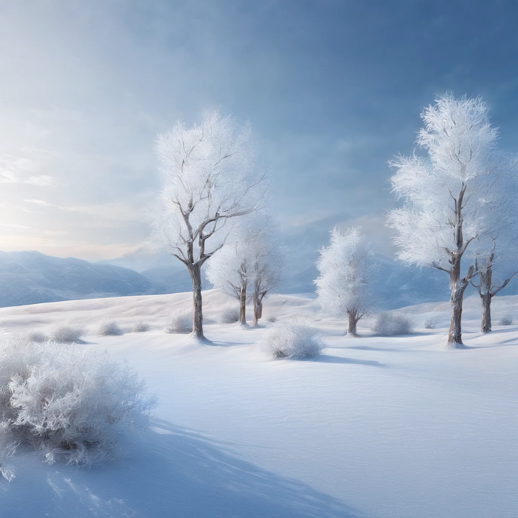 (best quality,4k,8k,highres,masterpiece:1.2),ultra-detailed,(realistic,photorealistic,photo-realistic:1.37),uniquely styled,fine art,painting,ethereal atmosphere,dreamlike,surreal,floating snowflakes,winter wonderland,frosty trees,silence and serenity,soft and diffused light,icy-cold hues,subtle shades of blue and white,sublime beauty,tranquility,peaceful ambiance,harmony between nature and solitude,gentle and delicate brushstrokes,frozen landscape,sublime canvas,sublime masterpiece