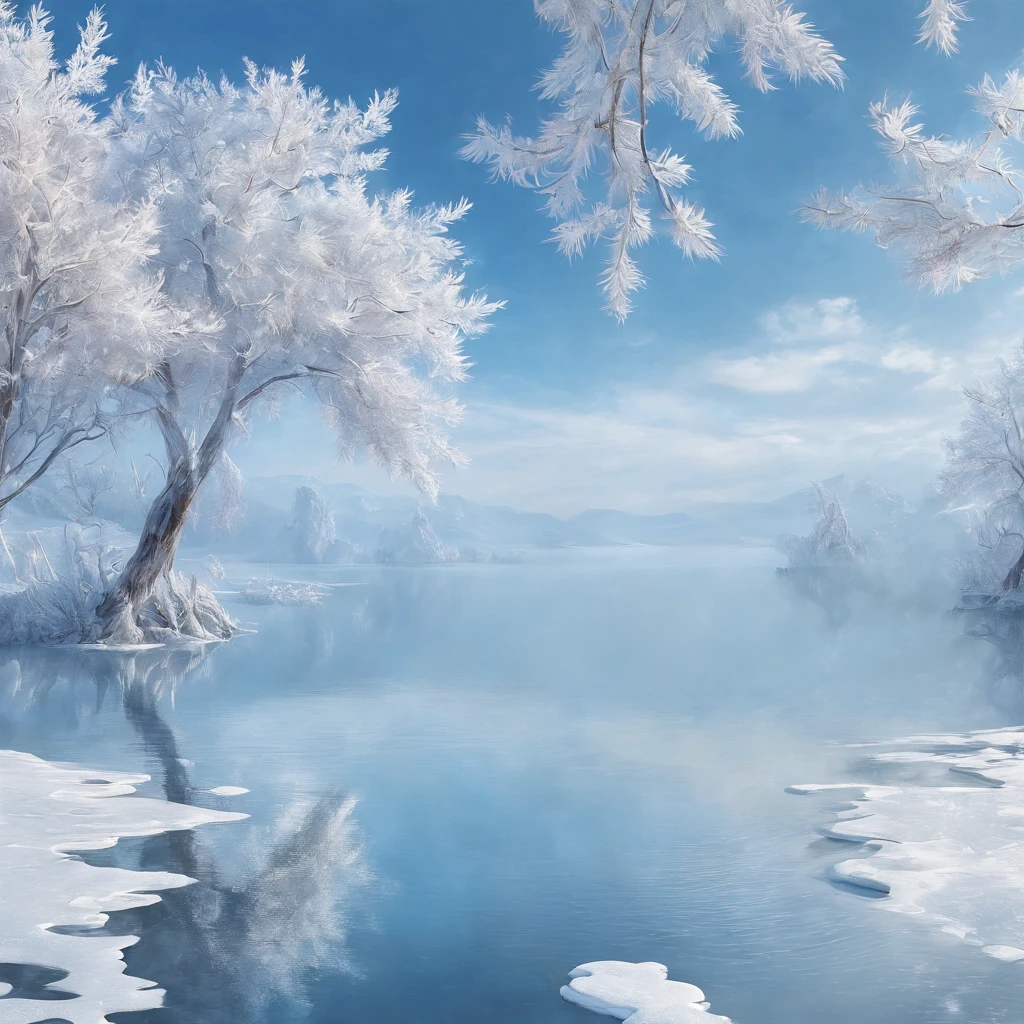 (best quality,4k,8k,highres,masterpiece:1.2),ultra-detailed,(realistic,photorealistic,photo-realistic:1.37),uniquely styled,fine art,painting,ethereal atmosphere,dreamlike,surreal,floating snowflakes,winter wonderland,frosty trees,silence and serenity,soft and diffused light,icy-cold hues,subtle shades of blue and white,sublime beauty,tranquility,peaceful ambiance,harmony between nature and solitude,gentle and delicate brushstrokes,frozen landscape,sublime canvas,sublime masterpiece