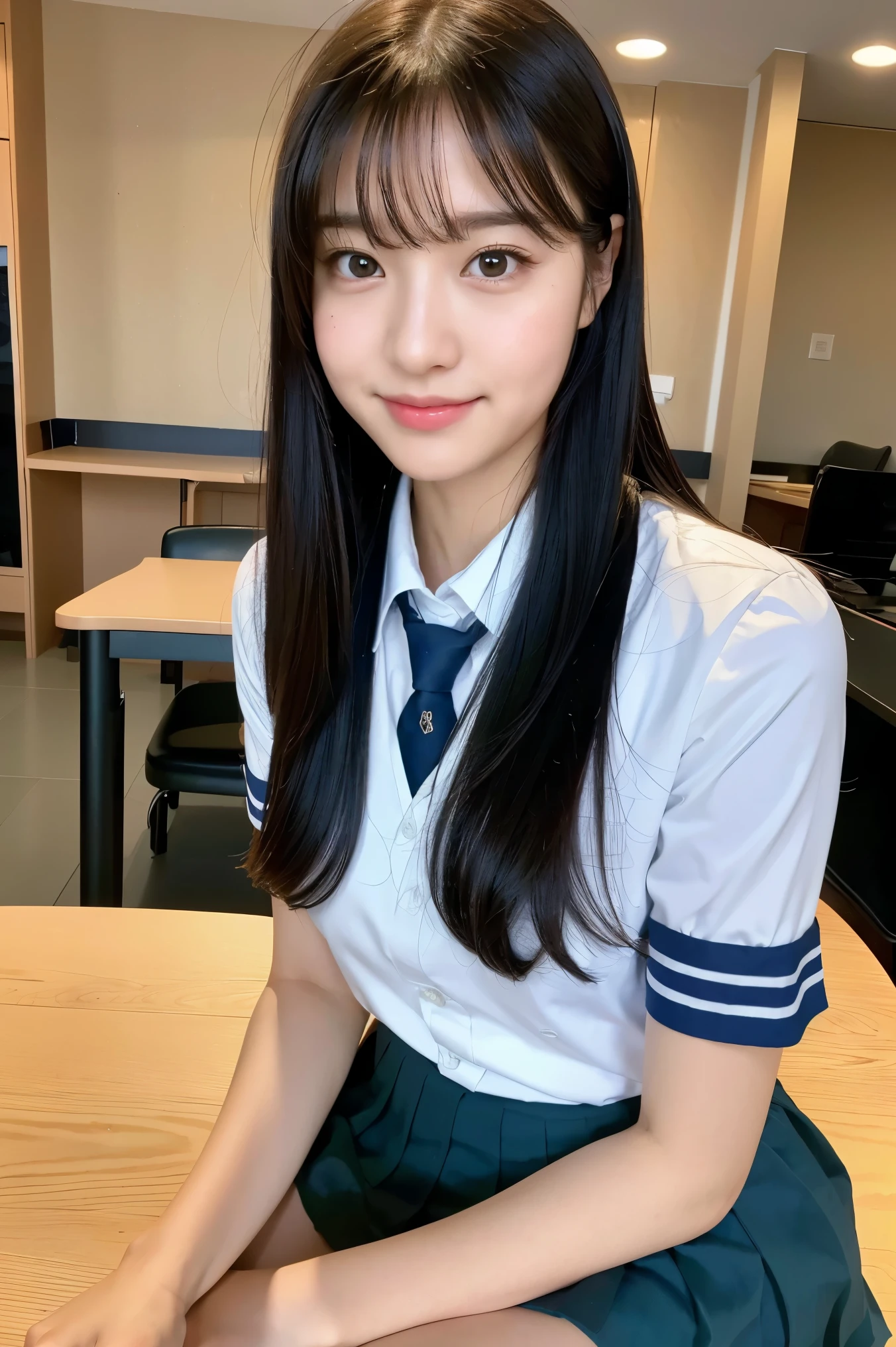 (table top:1.3), (8k, realistic, RAW photo, highest quality: 1.4), Japanese, (1 girl), beautiful face, (realistic face), (black hair), beautiful hairstyle, realistic eyes, detailed and beautiful eyes, (realistic skin), beautiful skin, Charm, 超A high resolution, surreal, very detailed, golden ratio,school uniform.)、1 girl、cute、laughter、closed mouth、beautiful details、Beautiful nose in every detail、Full body Esbian、wet hair、giant dulcefo、pork、school uniform、thighs thighs thighs