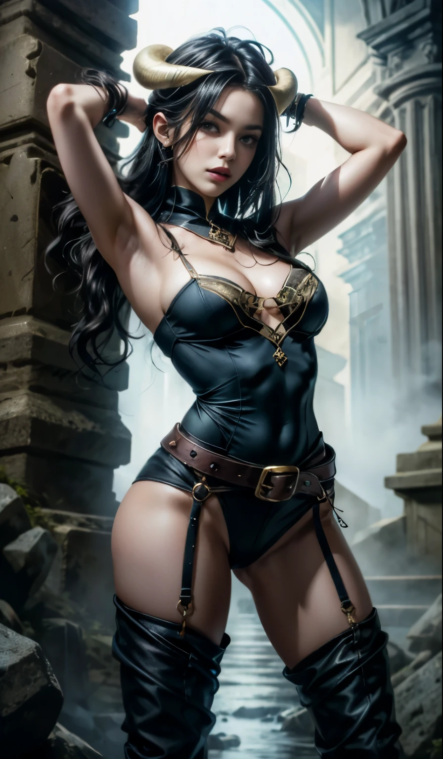Generate an image of a cunning tiefling rogue named Zinnia Shadowstep. She possesses jet-black hair that falls to her waist, framing her almond-shaped emerald eyes. Her skin is an olive tone, speckled with freckles. Wearing a low-cut bodice of midnight-blue velvet that reveals her ample cleavage, hip-hugging pants, and knee-high boots with stiletto heels, she exudes a raw strength and sensuality. Her muscular arms are adorned with metal bracelets and armbands. (She has small tiny horns, almost visible elegantly between her hair around from her head:1.5). She has huge firm breasts and carries a pair of daggers, their handles peeking out from the top of her belt. Her attire is designed for agility and stealth, suitable for the treacherous landscapes of her adventureake her without wings:1.5). Describe her in a dungeon