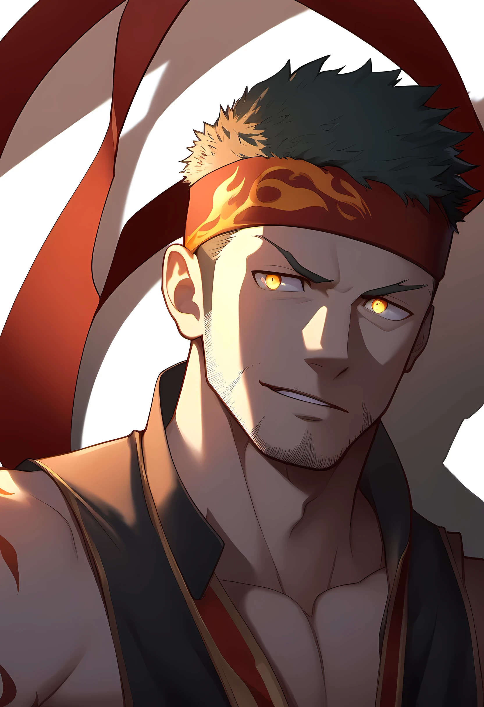 anime characters：Guy, Priapus, 1 muscular man god, Flame tattoo, Sport red headband, Priest&#39;dress, muscular male, muscular, only, Upper body, alone, short black hair, thick eyebrows, stubble, yellow eyes, White background, simple background, amazing quality, best aesthetics, Ridiculous, bright pupils, short hair, naughty face, torogao, open lips, divine light, chiaroscuro, shadow, best quality