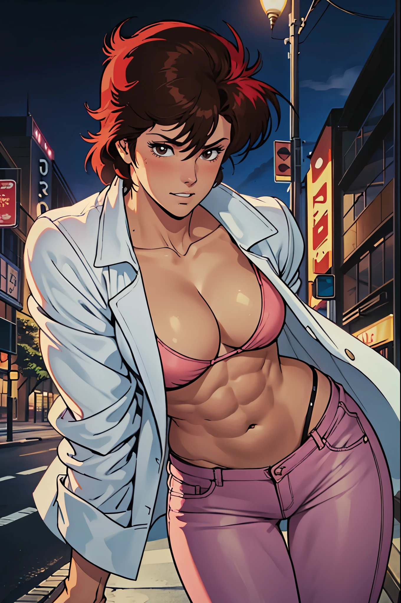 masterpiece, ultra quality, Beautiful detailed, extremely detailed,16K, exquisite, highres, Beautiful background, Beautiful eye, Beautiful skin, anime style, Kaori seducing viewers in a sexy way in the downtown area at night, (She is wearing a white denim jacket over a pink shirt., blue jeans trousers), (face focus, Close-up), 1 girl, alone, 27 years old, (cheeky pose), woman&#39;s whole body, complete diagram, anger, blush, ecstatic expression, erotic, charm的な, charm, (Muscular female slender body, clavicle, beautiful big breasts, Beautifully chiseled abs, beautiful long legs), cleavage, perfect anatomy, sweaty, It&#39;s hard to breathe, vapor, looking at the viewer, perfect quality, good quality, masterpiece, HDR, UHD,