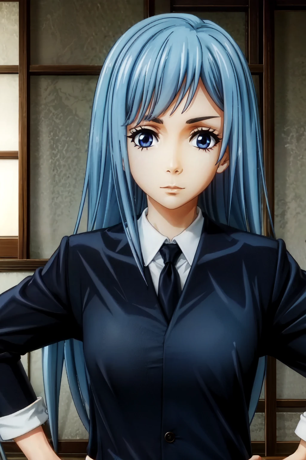 girl, alone, blue hair, long hair, looking at the viewer, , blue eyes, Upper body, bangs, Wearing a Japanese high school girl&#39;s uniform