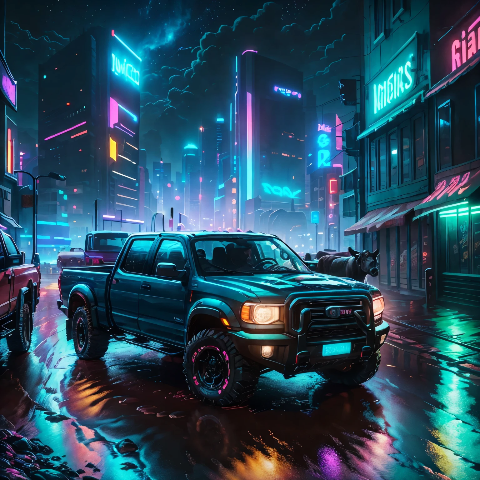 A realistic scene of two cows managing a rugged terrain pickup truck, roaming through a city bathed in vibrant neon lights and shimmering water reflections, mirroring their curious yet determined expressions, hyper-realistic, super detailed, shining neon lights illuminating the scene in 8K ultra high definition.