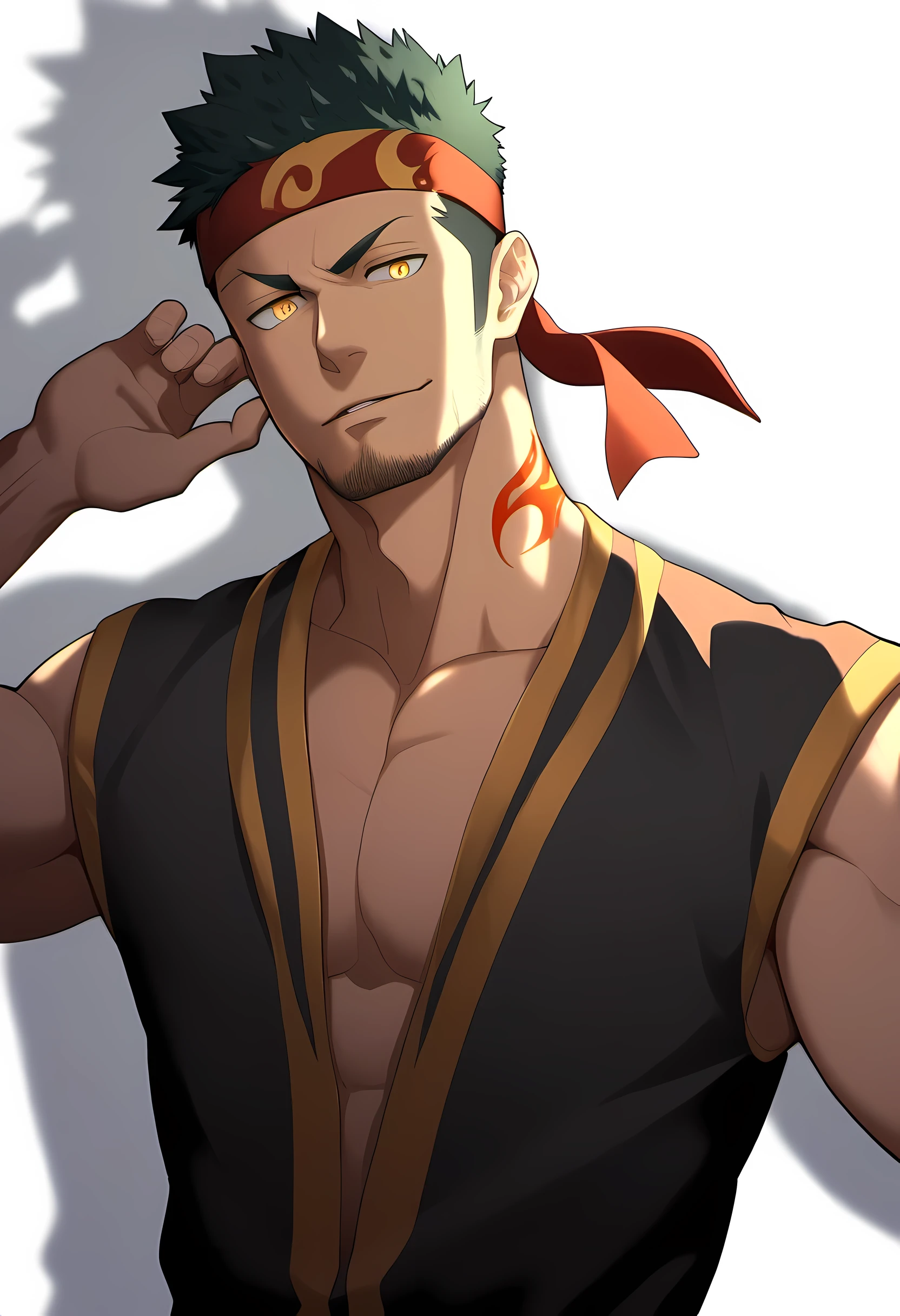 anime characters：Guy, Priapus, 1 muscular man god, Flame tattoo, Sport red headband, Priest&#39;dress, muscular male, muscular, only, Upper body, alone, short black hair, thick eyebrows, stubble, yellow eyes, White background, simple background, amazing quality, best aesthetics, Ridiculous, bright pupils, short hair, naughty face, torogao, open lips, divine light, chiaroscuro, shadow, best quality