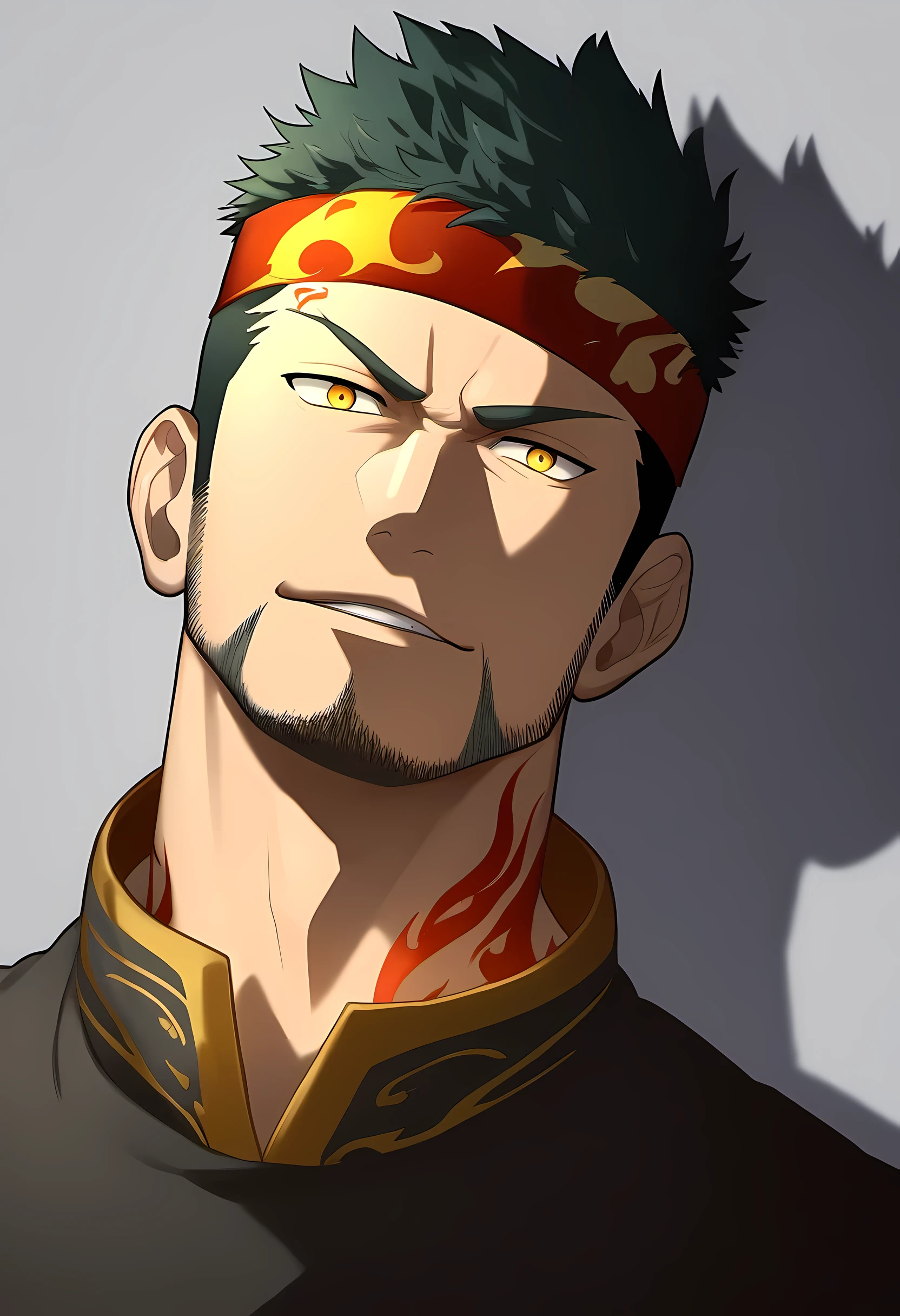 anime characters:Guy, Priapus, 1 muscular man god, Flame tattoo, Sport red headband, Priest'dress, muscular male, muscular, only, Upper body, alone, short black hair, thick eyebrows, stubble, yellow eyes, White background, simple background, amazing quality, best aesthetics, Ridiculous, bright pupils, short hair, naughty face, torogao, open lips, divine light, chiaroscuro, shadow, best quality