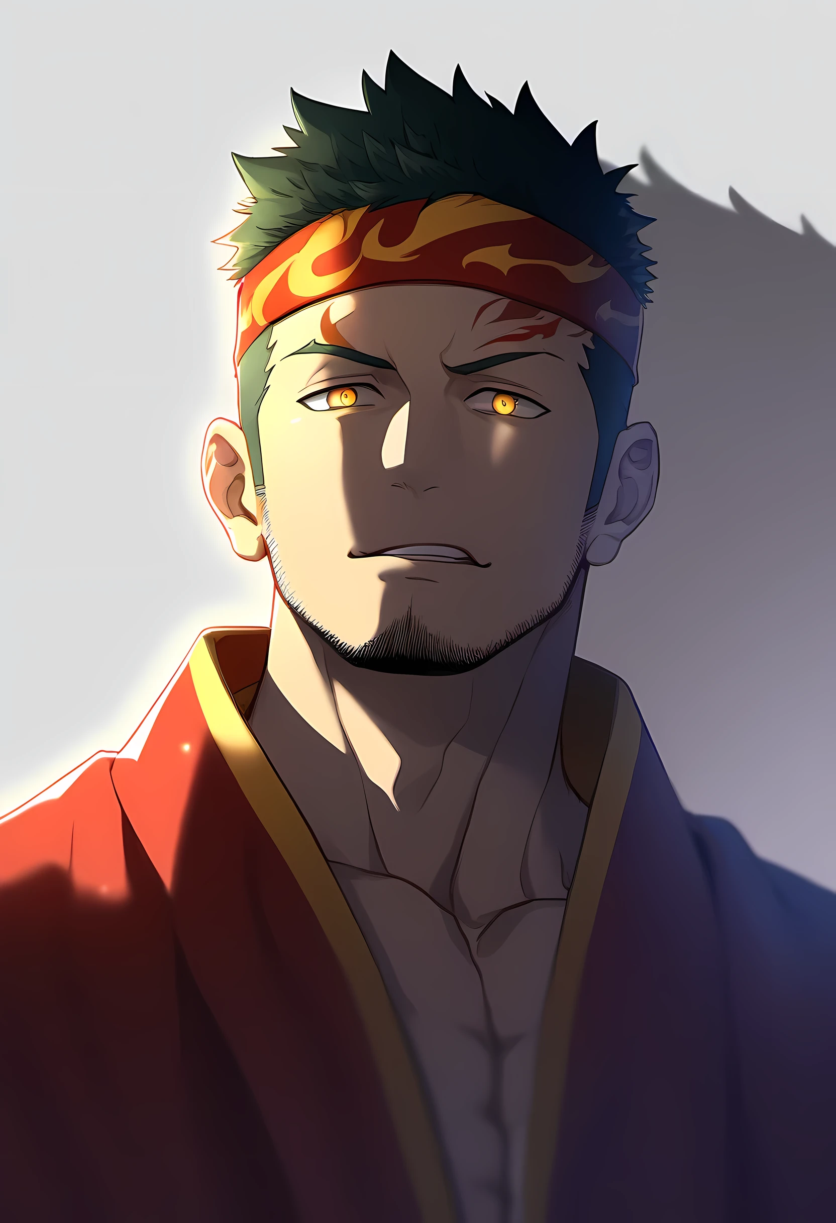 anime characters:Guy, Priapus, 1 muscular man god, Flame tattoo, Sport red headband, Priest'robe, muscular male, muscular, only, Upper body, alone, short black hair, thick eyebrows, stubble, yellow eyes, White background, simple background, amazing quality, best aesthetics, Ridiculous, bright pupils, short hair, naughty face, torogao, open lips, divine light, chiaroscuro, shadow, best quality