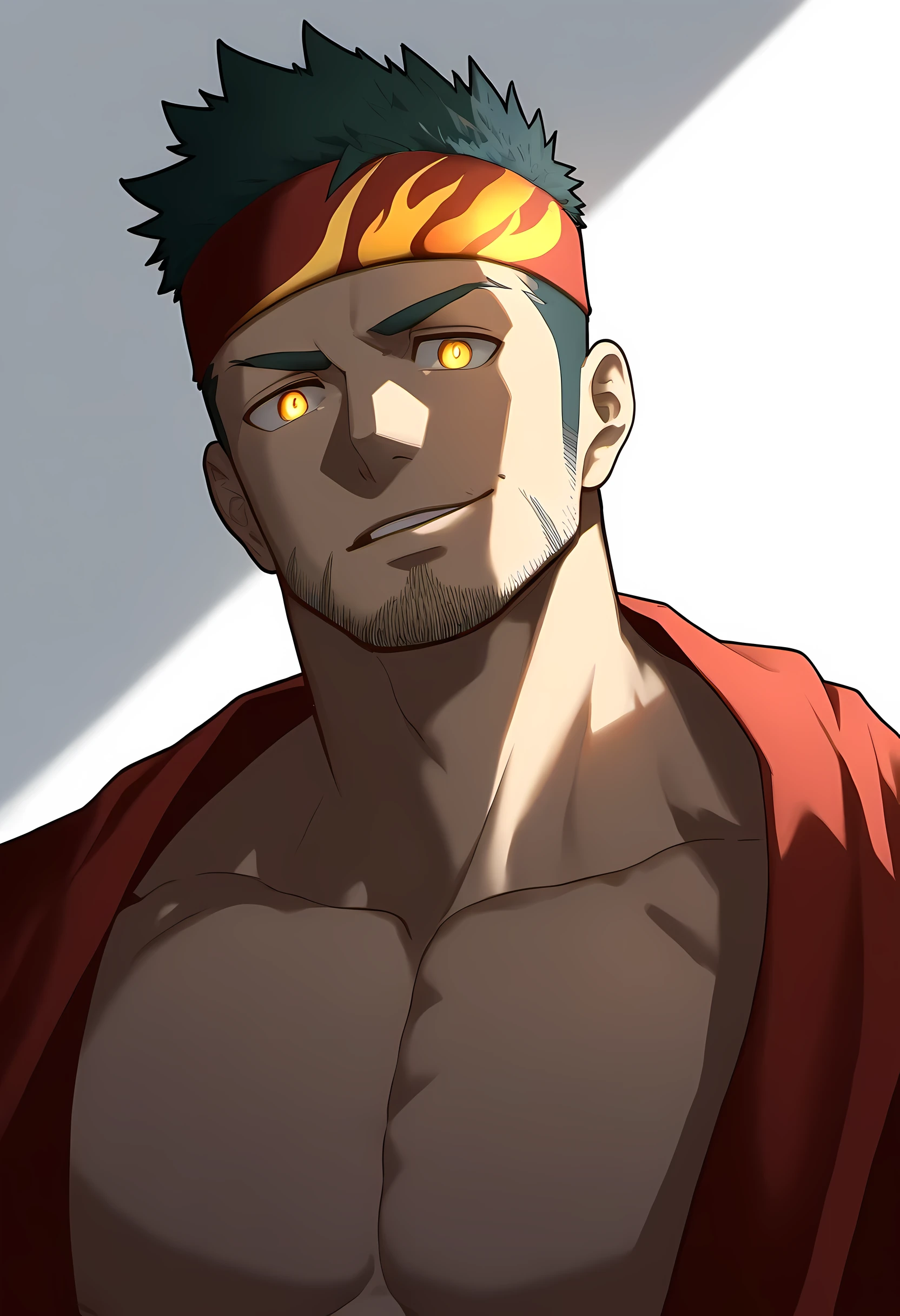 anime characters：Guy, Priapus, 1 muscular man god, Flame tattoo, Sport red headband, Priest&#39;robe, muscular male, muscular, only, Upper body, alone, short black hair, thick eyebrows, stubble, yellow eyes, White background, simple background, amazing quality, best aesthetics, Ridiculous, bright pupils, short hair, naughty face, torogao, open lips, divine light, chiaroscuro, shadow, best quality