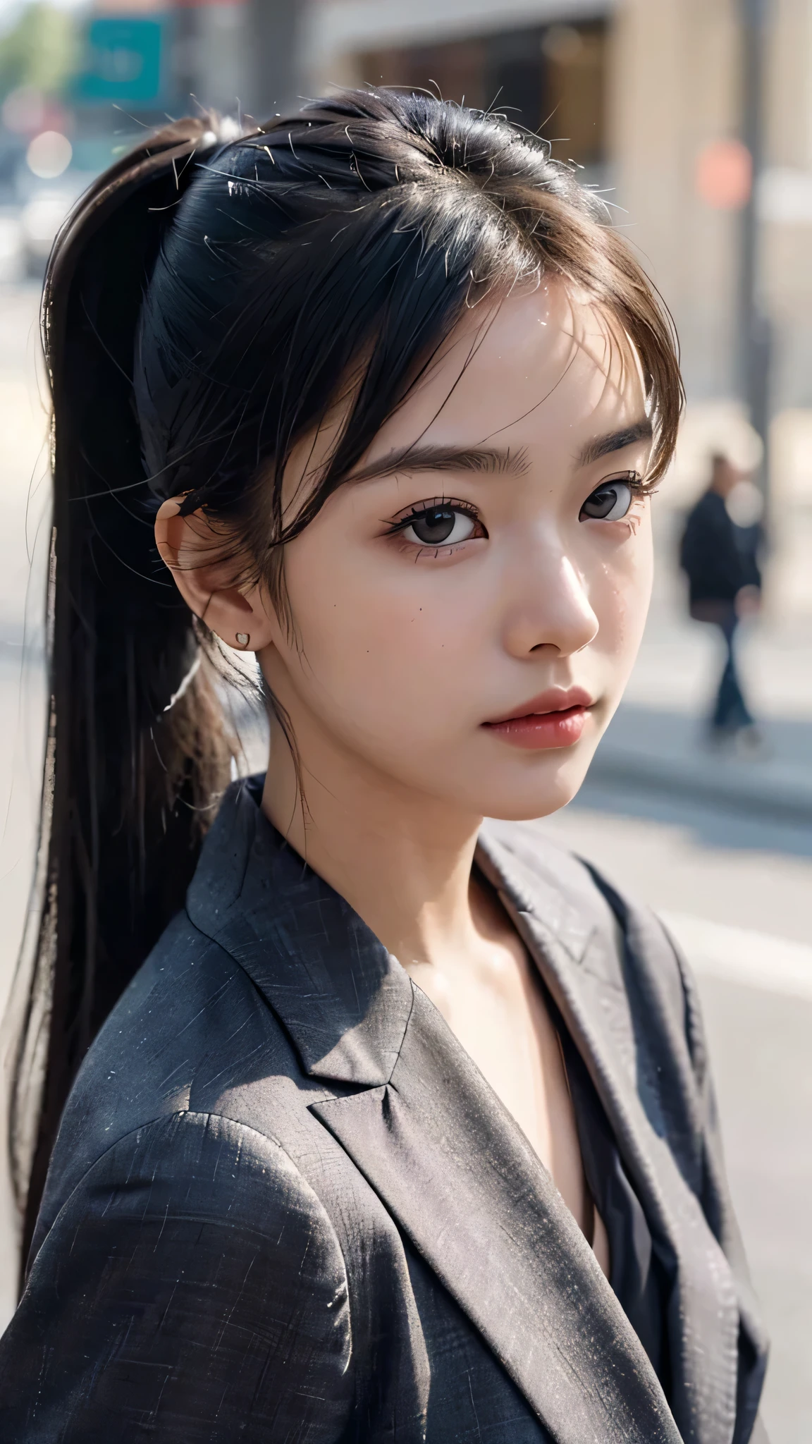 One woman,fully body photo,masutepiece, The highest image quality, High quality, the background is clear,Beautiful woman, Japanese, Detailed, Detailed eyes, Detailed skin, Beautiful skin, 超hight resolution, (reality: 1.4),Very beautiful woman, Slightly younger face, Beautiful skin, slender, (Ultra photo realsisim), (hight resolution), (8K), (Very detailed) (beautifully detailed eyes), (super detailed), (Detailed face), view the viewer, Fine details, Detailed face, Staring straight ahead, Staring straight ahead, photos realistic, Bright lighting, Professional Lighting, Black hair,poneyTail,a ,sixteen ye is ponytail,long ponytail hairstyle,slight smile,wearing business suit,the street europian,