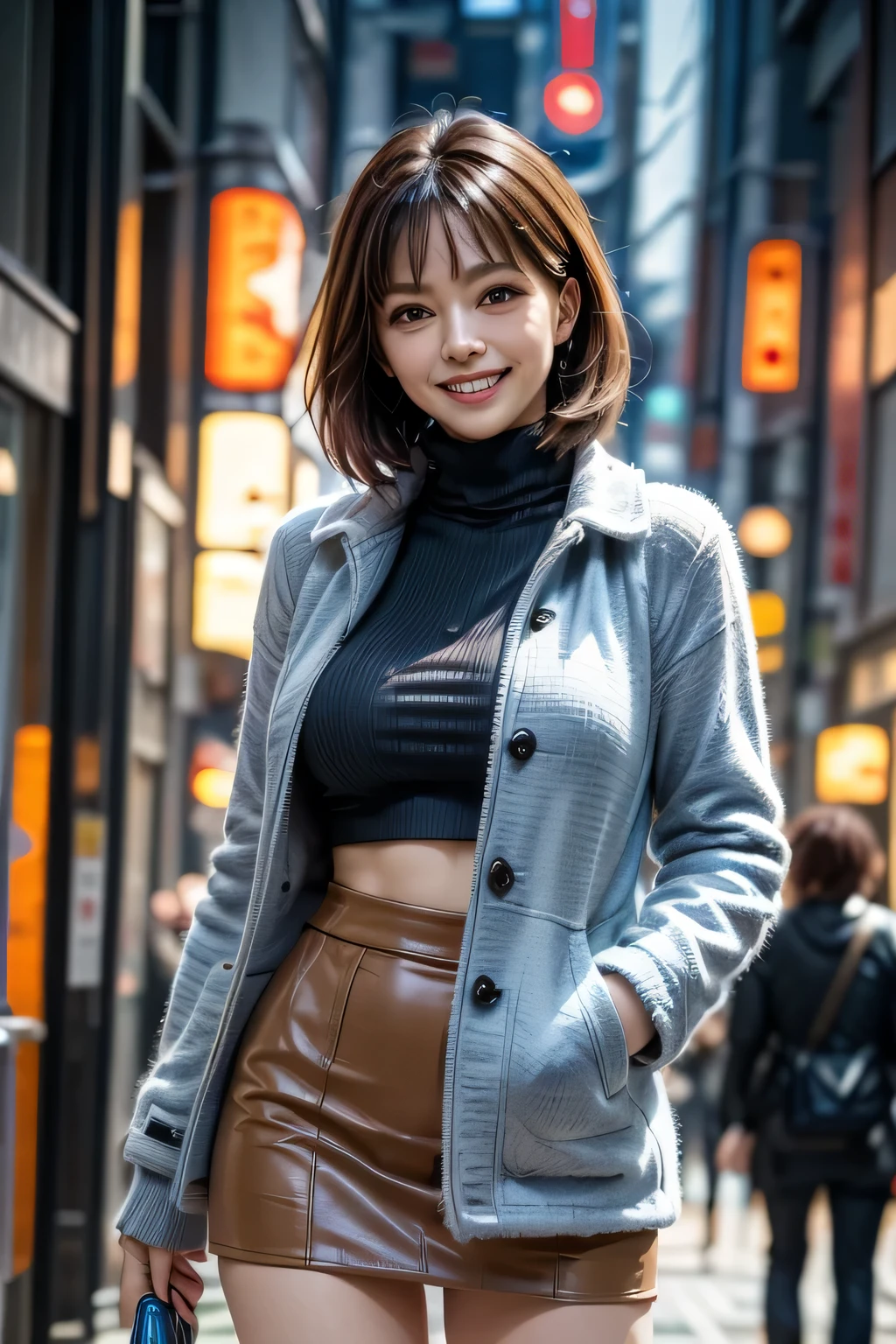 8k, RAW photo, highest quality, masterpiece, realistic, Photoreal, (1 Ultimate beauty), middle aged, highly detailed face, detailed eye, star shaped eyes, 二重eyelash, eyelash, grin and laugh, beautiful teeth, lip details, brunette bob, big breasts, (long turtleneck sweater), ((brown mini skirt)), ((wearing a blue down coat)), cowboy shot, Koen-dori in Tokyo, soft light, ((Depth of written boundary))
