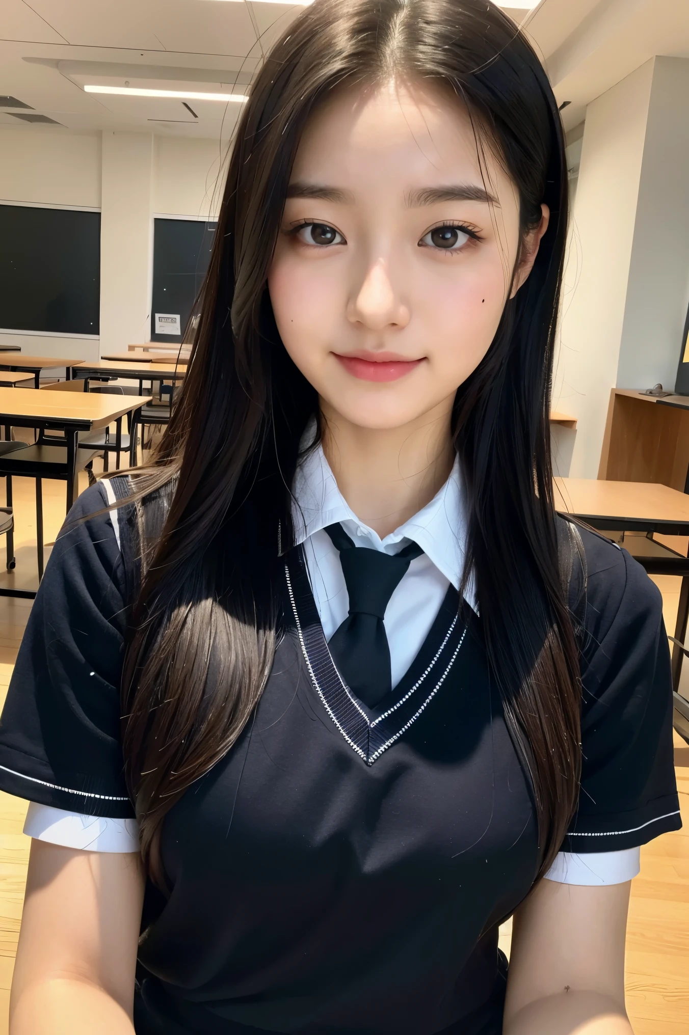 (table top:1.3), (8k, realistic, RAW photo, highest quality: 1.4), Japanese, (1 girl), beautiful face, (realistic face), (black hair), beautiful hairstyle, realistic eyes, detailed and beautiful eyes, (realistic skin), beautiful skin, Charm, 超A high resolution, surreal, very detailed, golden ratio,school uniform.)、1 girl、cute、laughter、closed mouth、beautiful details、Beautiful nose in every detail、Full body Esbian、wet hair、giant dulcefo、pork、school uniform、thighs thighs thighs