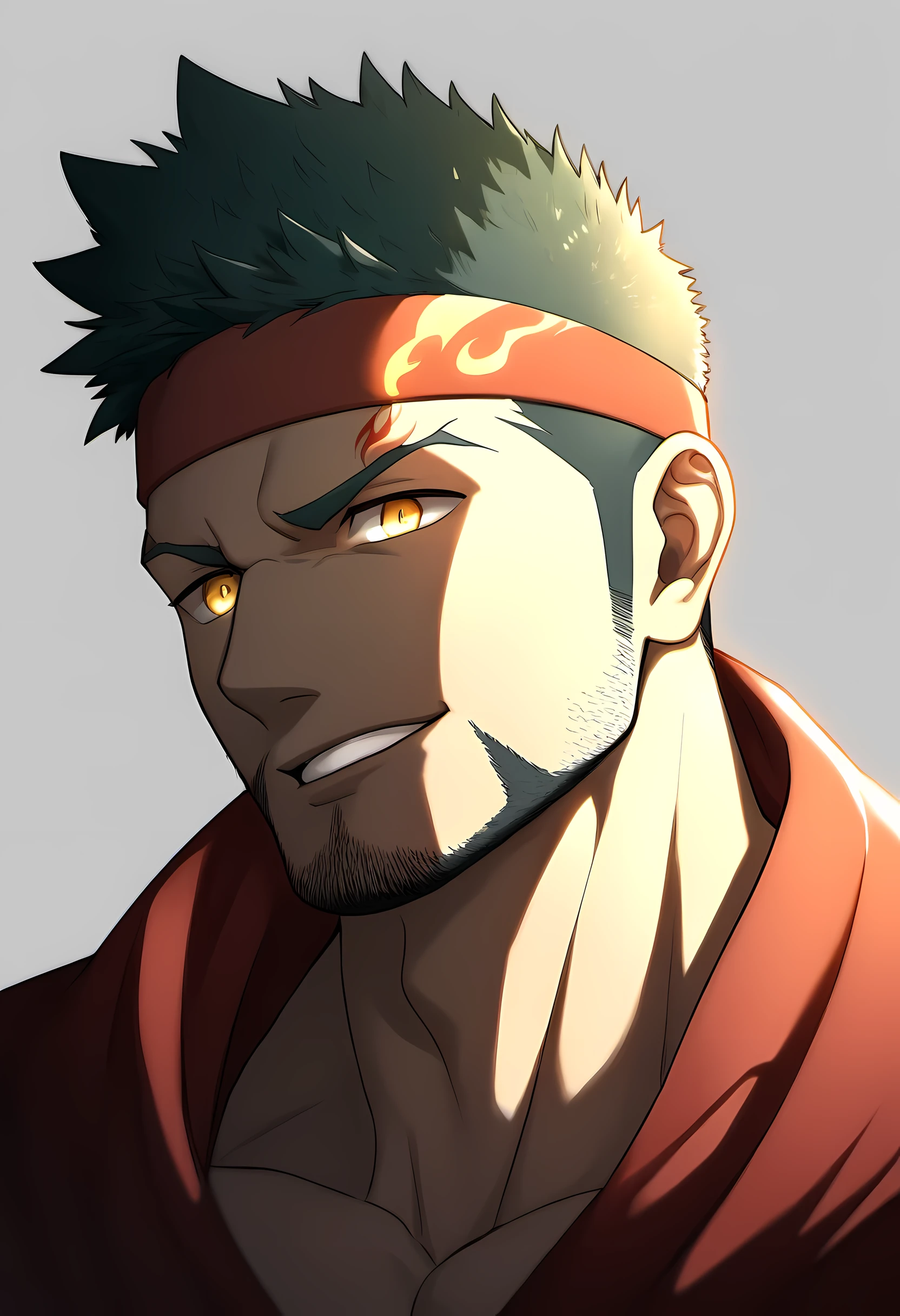 anime characters：Guy, Priapus, 1 muscular man god, Flame tattoo, Sport red headband, Priest&#39;robe, muscular male, muscular, only, Upper body, alone, short black hair, thick eyebrows, stubble, yellow eyes, White background, simple background, amazing quality, best aesthetics, Ridiculous, bright pupils, short hair, naughty face, torogao, open lips, divine light, chiaroscuro, shadow, best quality