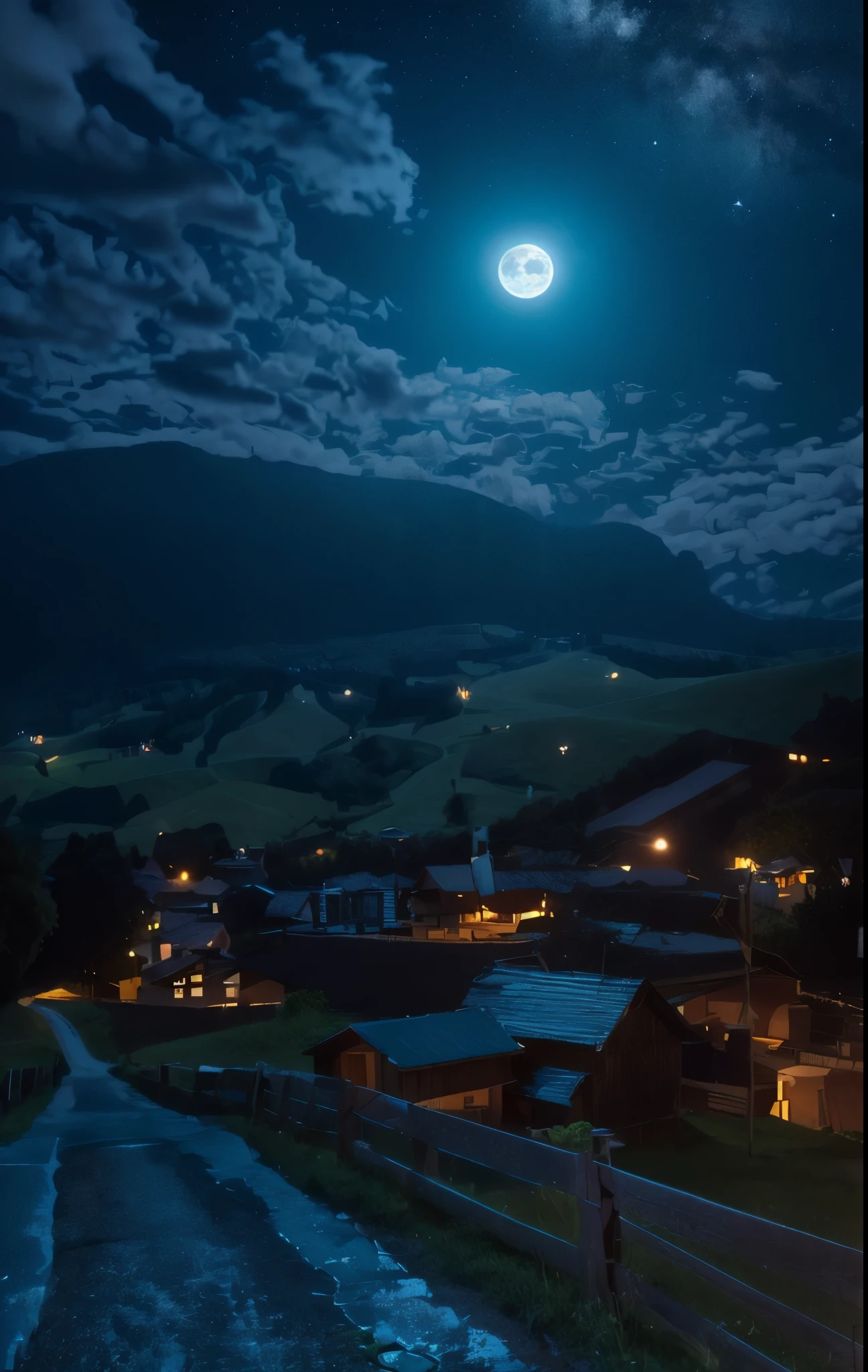 (Best quality 8K, Tmasuta-pi-su : 1.3)Rough road leading to a farm with a full moon in the sky々nice view, night village backgrounds, beautiful Moonlight night, Moonlight night, 草山night view, Moonlight night dreamy atmosphere, night view, at night with full moon, Moonlight nightscape, blueish moonlight, Moonlight night, blue night, Switzerland, beautiful moonlight