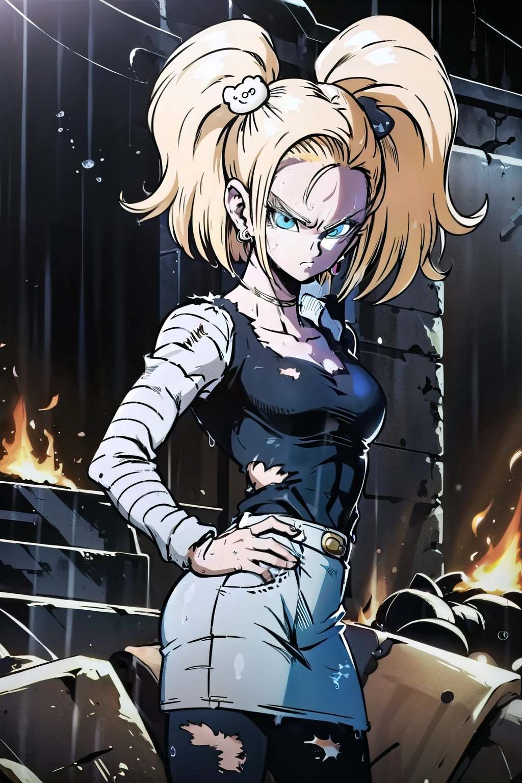 masterpiece, detailed face, 
android 18,  classic look, 1girl, solo, looking at viewer, short hair, blue eyes, blonde hair, collarbone, 
standing, arms by side, angry, cowboy shot, 
fire, smoke, ruined city, wet hair, rain, 
torn shirt, bare shoulders, hoop earrings, black shirt, striped sleeves, belt, denim skirt, black pantyhose,
 