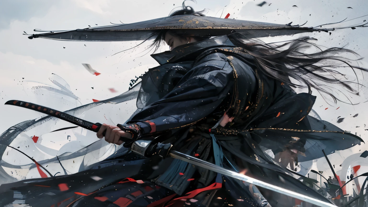 Arafad image of a man holding a sword in a field, Benedict Barna, author：Yang Jie, author：Yang Borun, Cyberpunk Samurai, author：Shen Zhou, author：Tadeusz Plushkovsky, swordsman, very beautiful Cyberpunk Samurai, by Wuzhun Shifan, Ronin, Stunning digital illustrations, as samurai（Facial details）