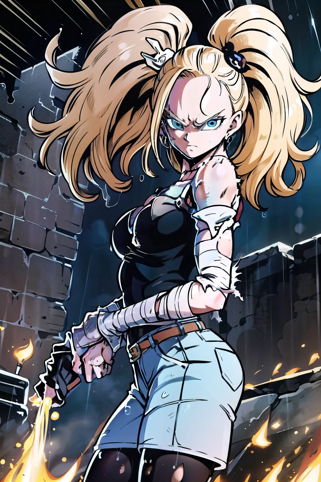 masterpiece, detailed face, 
android 18,  classic look, 1girl, solo, looking at viewer, short hair, blue eyes, blonde hair, collarbone, 
standing, arms by side, angry, cowboy shot, 
fire, smoke, ruined city, wet hair, rain, 
torn shirt, bare shoulders, hoop earrings, black shirt, striped sleeves, belt, denim skirt, black pantyhose,
 