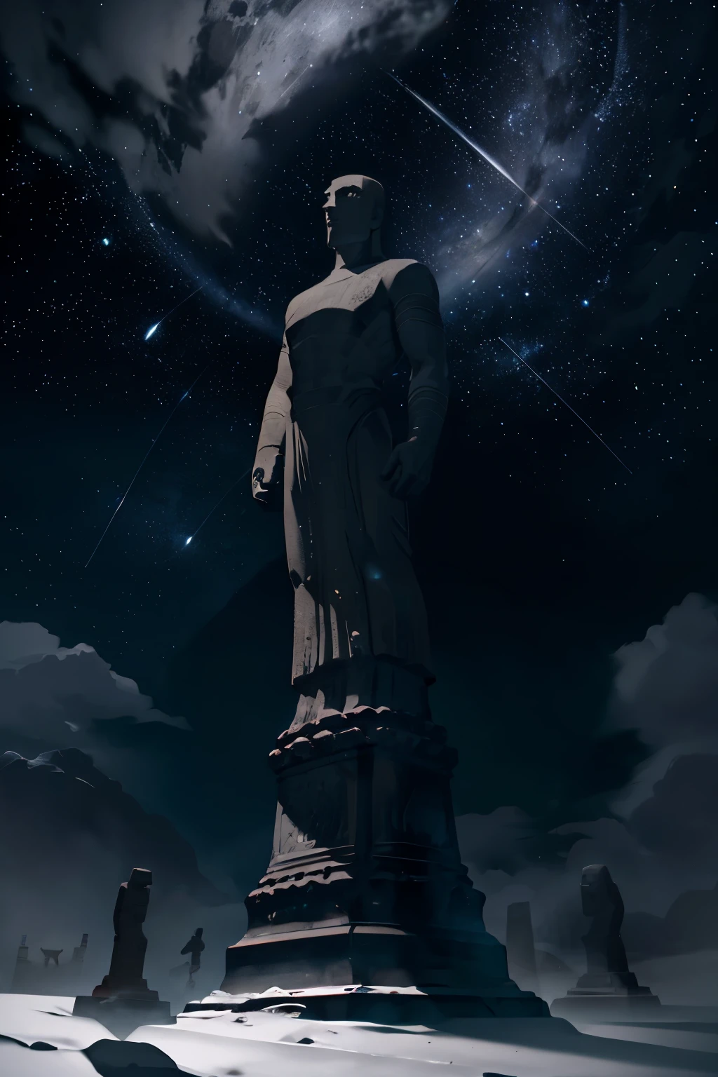 Majestic alien Moai statues, standing guard amidst the moonlit, star-studded sky. Their stone faces, filled with enigmatic expressions, contrasted against the advanced, otherworldly technology scattered around their ancient ruins. The night air was thick with the atmosphere of mystery and history, as the alien civilization's architecture was consumed by the relentless grasp of nature. The ultra-detailed, high-resolution scene embraced the ethereal beauty of the starry sky, with stars twinkling like diamonds against the black canvas. The realistic, photo-realistic rendering brought out the intricate textures of the Moai statues and the alien technology, revealing both their intriguing