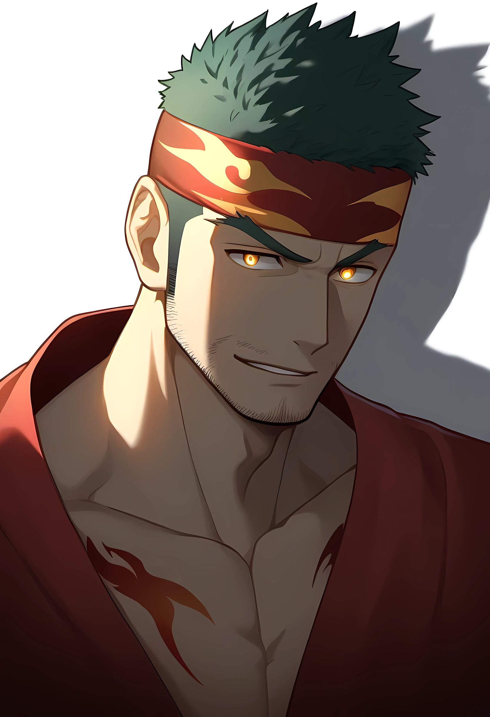 anime characters:Guy, Priapus, 1 muscular man god, Flame tattoo, Sport red headband, Priest'robe, muscular male, muscular, only, Upper body, alone, short black hair, thick eyebrows, stubble, yellow eyes, White background, simple background, amazing quality, best aesthetics, Ridiculous, bright pupils, short hair, naughty face, torogao, open lips, divine light, chiaroscuro, shadow, best quality
