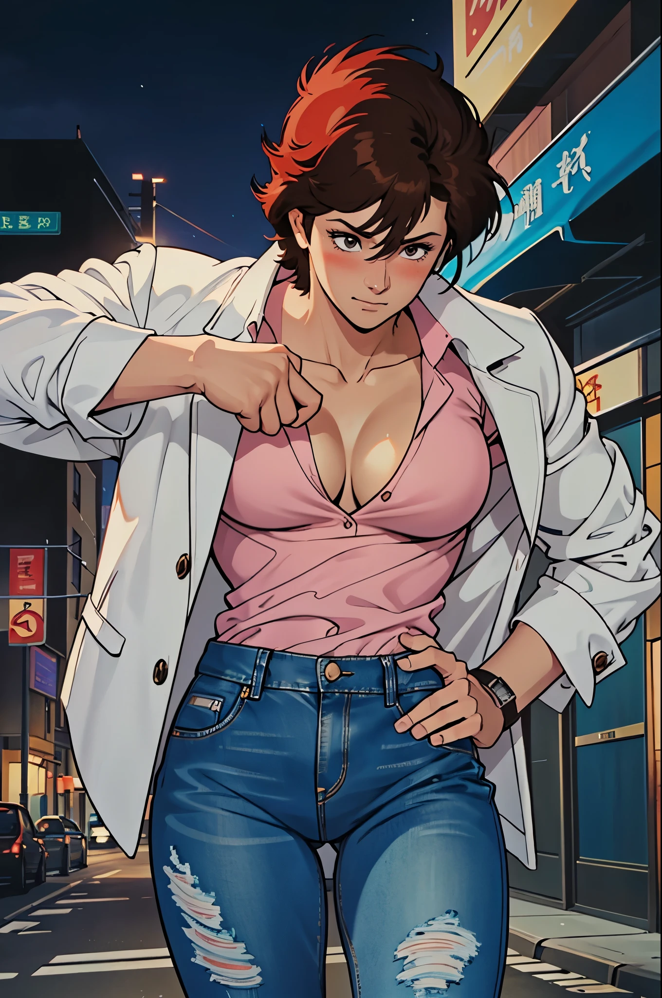masterpiece, ultra quality, Beautiful detailed, extremely detailed,16K, exquisite, highres, Beautiful background, Beautiful eye, Beautiful skin, anime style, Kaori seducing viewers in a sexy way in the downtown area at night, (She is wearing a white denim jacket over a pink shirt., blue jeans trousers), (face focus, Close-up), 1 girl, alone, 27 years old, (cheeky pose), woman's whole body, complete diagram, anger, blush, ecstatic expression, erotic, charm的な, charm, (Muscular female slender body, clavicle, beautiful big breasts, Beautifully chiseled abs, beautiful long legs), cleavage, 完璧な解剖学 BREAK blue jeans trousers BREAK 白いデニムジャケットBREAK ピンクのシャツ, sweaty, It's hard to breathe, vapor, looking at the viewer, perfect quality, good quality, masterpiece, HDR, UHD,