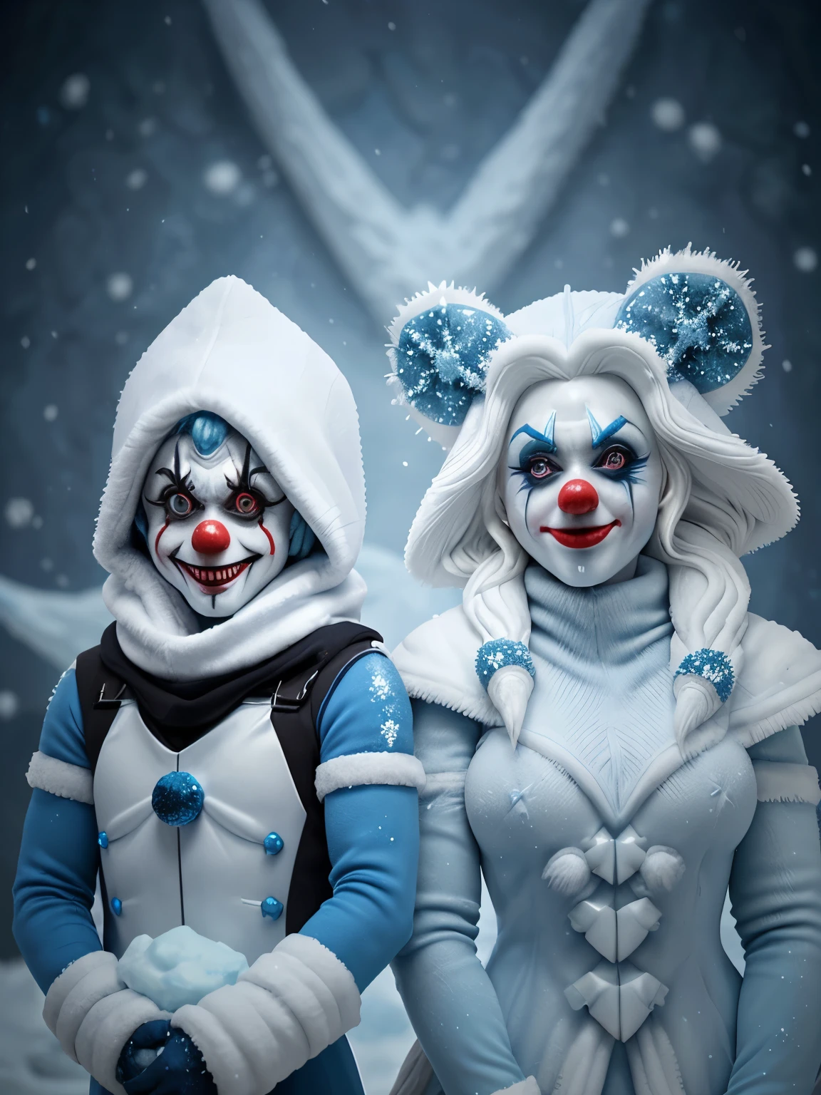 (clown,scary,evil smile,wide eyes,toys,macabre background,various colors,8k qualities,cinematic focus,horror) Arctic Frost Ranger: A suit featuring icy blue and frosty white hues, accented with snowflake patterns and frost crystals. This Ranger commands the power of ice and cold, with abilities such as creating blizzards, forming ice constructs for defense, and freezing enemies in their tracks. Frostbite Ranger: A suit with icy blue and white colors, like snow and ice. This Ranger can freeze enemies with ice blasts, create protective ice shields, and summon blizzards to slow down foes.