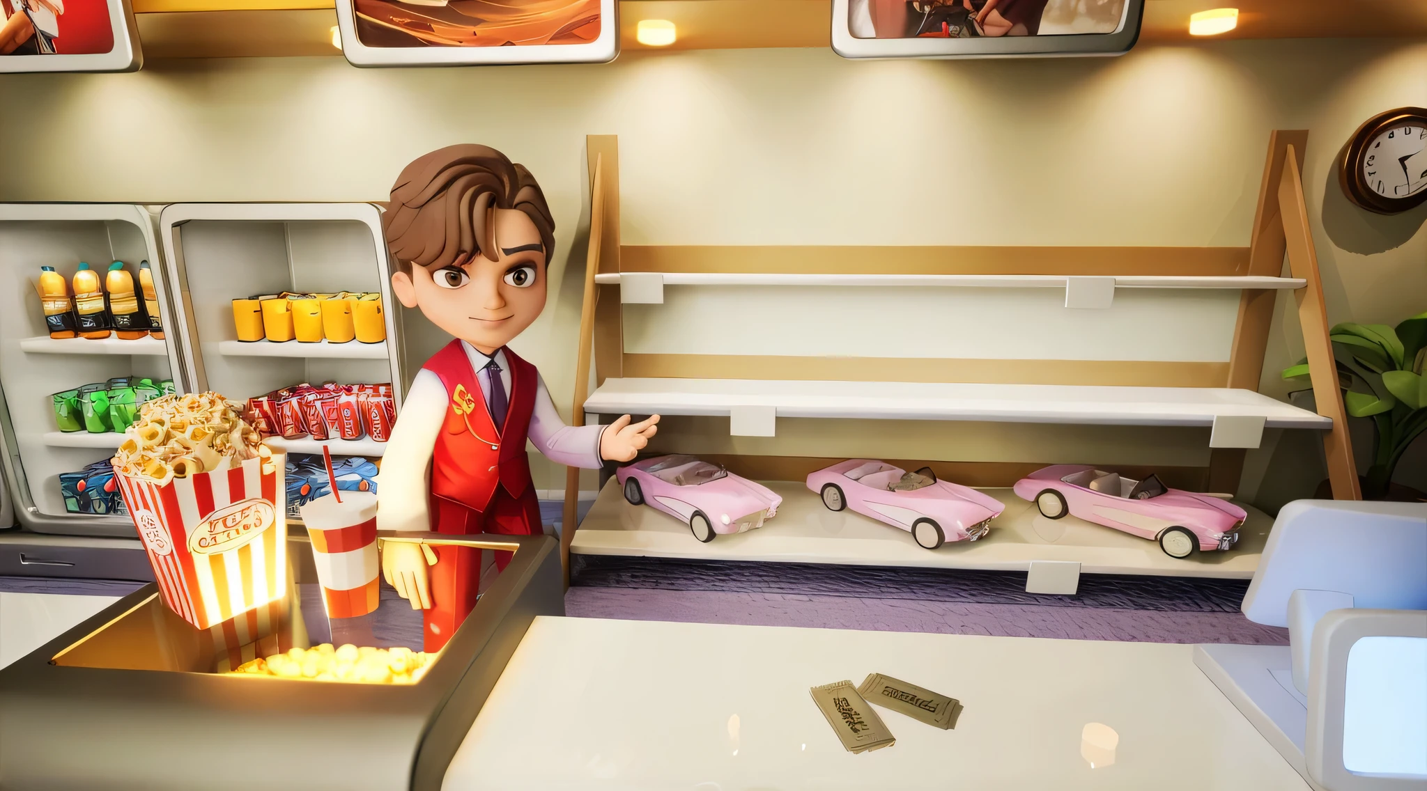 (masterpiece, best quality:1.2),(beautiful, perfect, beautifully, complicated:1.1), cartoon character raising hands, a close up of a cartoon character with a huge breast,Cinema ticket sales, indoor, salesman, Popcorn