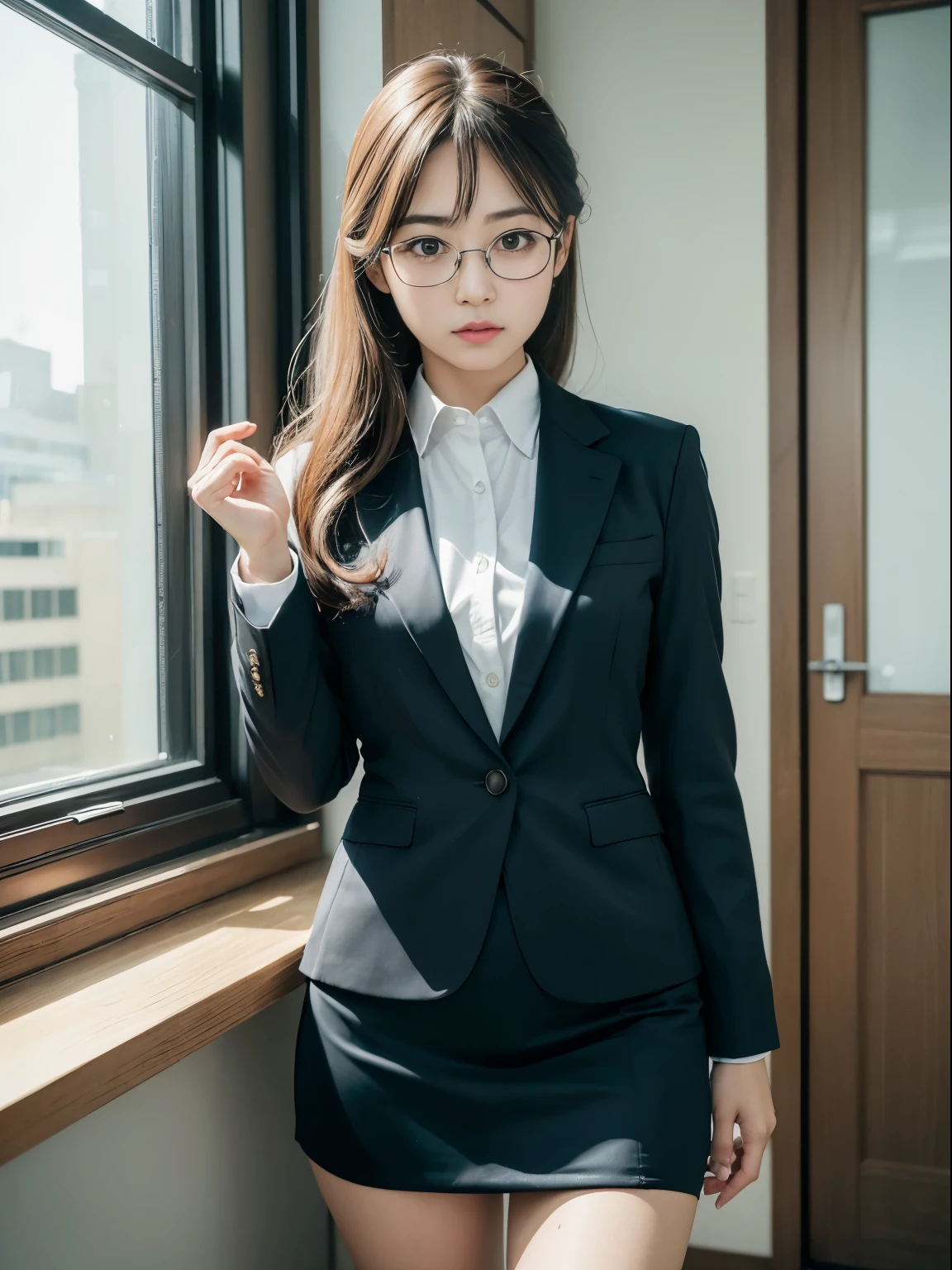 alone、solo、OL in her 20s in office uniform posing for a photo、victory、Tsundere、Single knot、OL、suit、blue mini skirt、anger、small、Glasses、slim girl model photo、physical:the smallest middle-aged man in history、female model、Japanese female fashion model、(8k、RAW photo、highest quality、masterpiece:1.2)、(real、photorealistic:1.37)、Super detailed、Ultra high definition、office Street、 standing position、whole body、((((SEXY)))