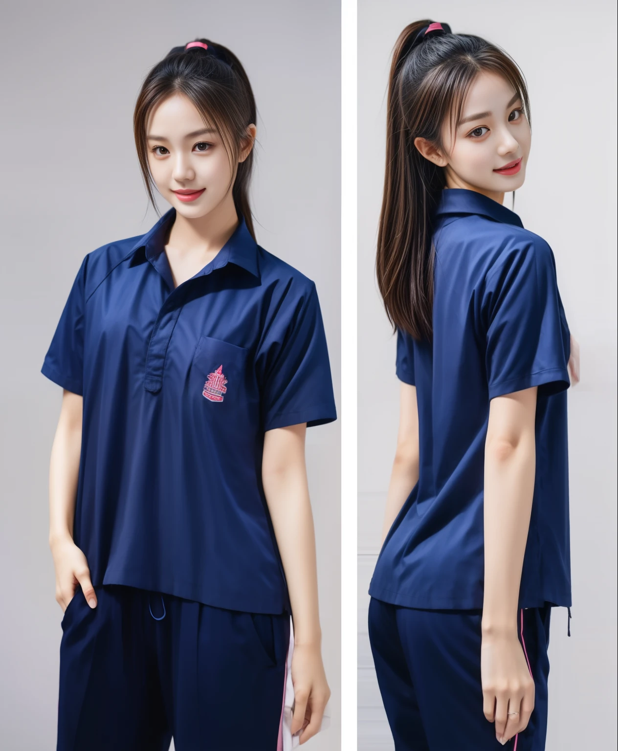 (best quality,10,10,height,Masterpiece:1.2),Special details,(realistic,ภาพrealistic,Realistic photos:1.37),1 Cute girl in the kitchen,shiny, ผิวshiny,only,smile softly,BDclothelue shirt:1.3)),short sleeve,shirt, กางเกงขาlong.,(navy_long_track pants:1.1), ((Kitchen Background)),Dynamic angle,excited,Face focus,dynamic poses,from behind,focus on ass,Masterpiece, best quality, ultra realistic, hyper-detail, 8K resolution, raw photos, Sharp focus, ((Navy blue shirt:1.1)), short sleeve, เส้นทางlong, perfect body, 2 mature women, 18 years old, Cinema-grade lighting system,blue sweatpants,exercise clothes,correct anatomy,perfect body, correct body, Sharp face, correct bodyทางกายวิภาค, full body, realistic gestures, long-haired, realistic poses,Wear long shorts...........................,ช่วงขาlong,Good shape,carved girl, Slender figure, Model, Good shape, beautiful body,blue sweatpants, two girls kissing