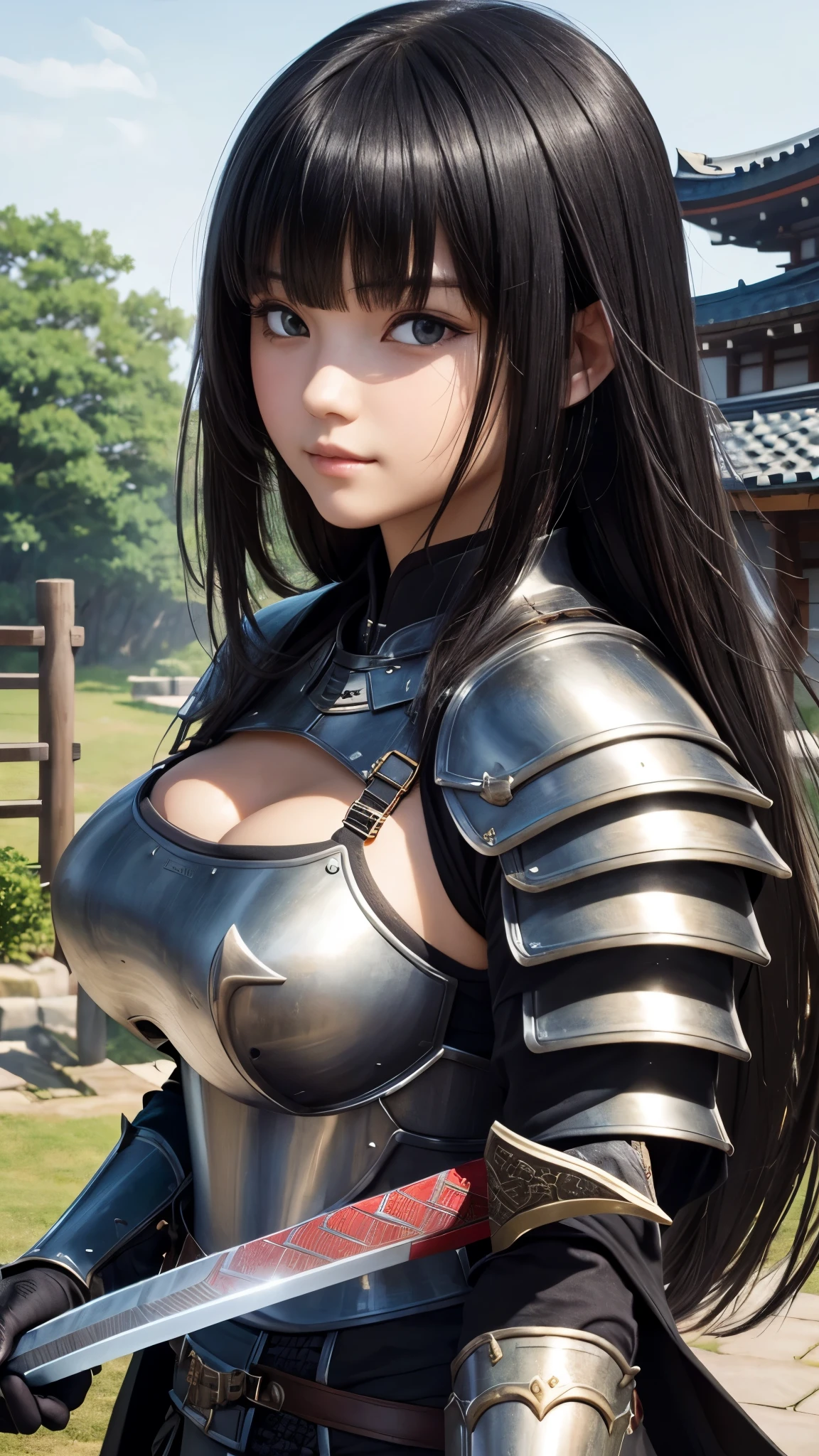 ((best quality)), ((muste piece)), (detailed face), (highlight), girl、big breasts、blunt bangs、black hair、armor、Japanese sword、