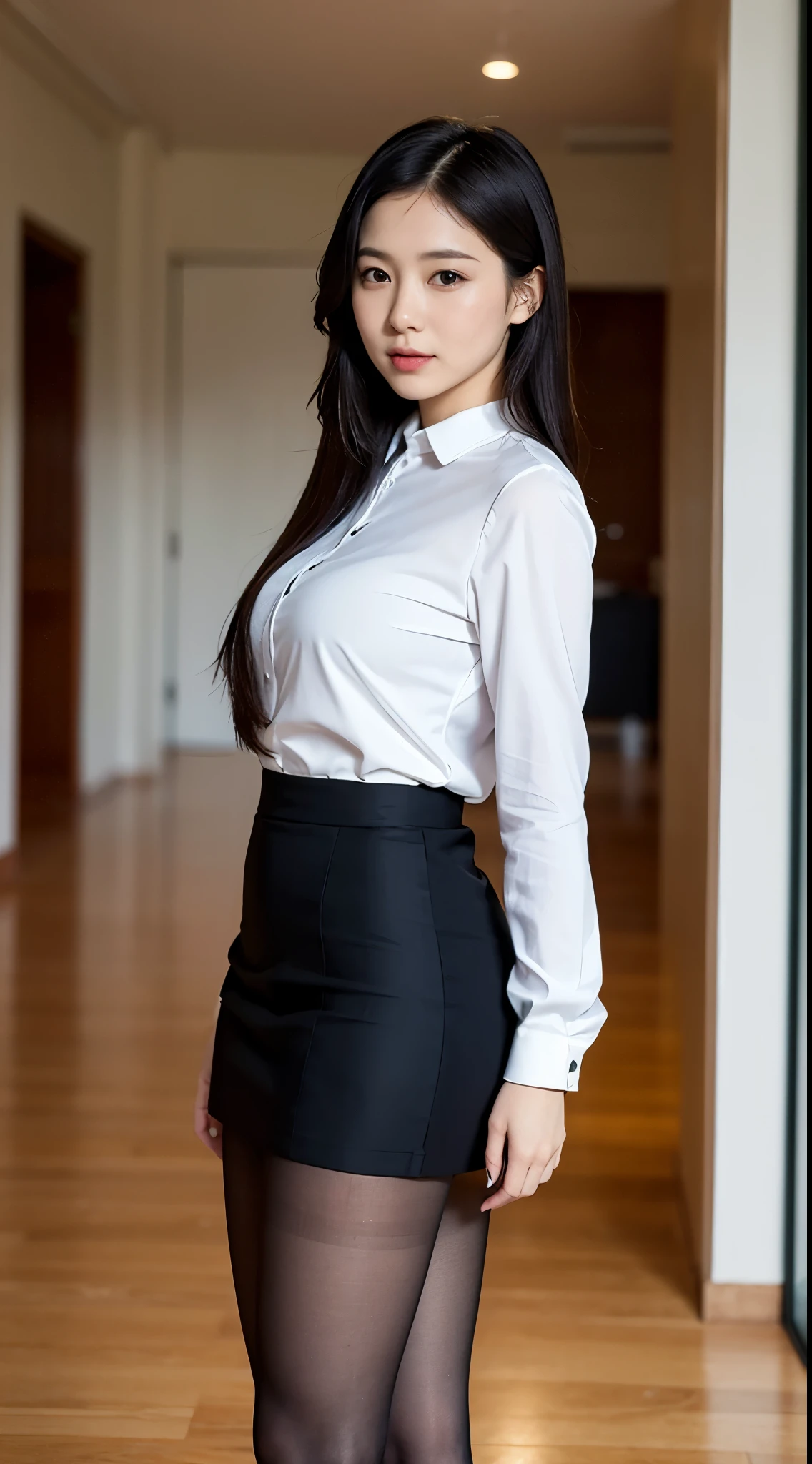 A bewitching beautiful mature elite secretary wearing a luxurious silk blouse.、40 years、height 154cm、well-proportioned body shape、hourglass illustration、skirt and thighs、when walking down the hallway、business services, (wearing pantyhose,realistic pantyhose)、work in the office、wearing a satin blouse, ultra-thin fabric、Smooth、see-through fabric、girl wearing luxury high heels, wearing an elegant blouse, Wearing an ultra-thin blouse, business woman, blouse and skirt, Wearing a silk blouse, wear a shirt and skirt, japanese goddess、RAW photo, (8k、highest quality、masterpiece:1.2)、(intricate details:1.4)、(Photoreal:1.4)、octane rendering、Super detailedな複雑な 3D レンダリング, soft light in the studio, rim light, vivid details, Super detailed, realistic skin texture, face, detailed and beautiful eyes, Highly detailed CG Unity 16k wallpaper, compensate, (detailed background:1.2), shiny skin、looked back、exposed thighs!!!, Asian age,