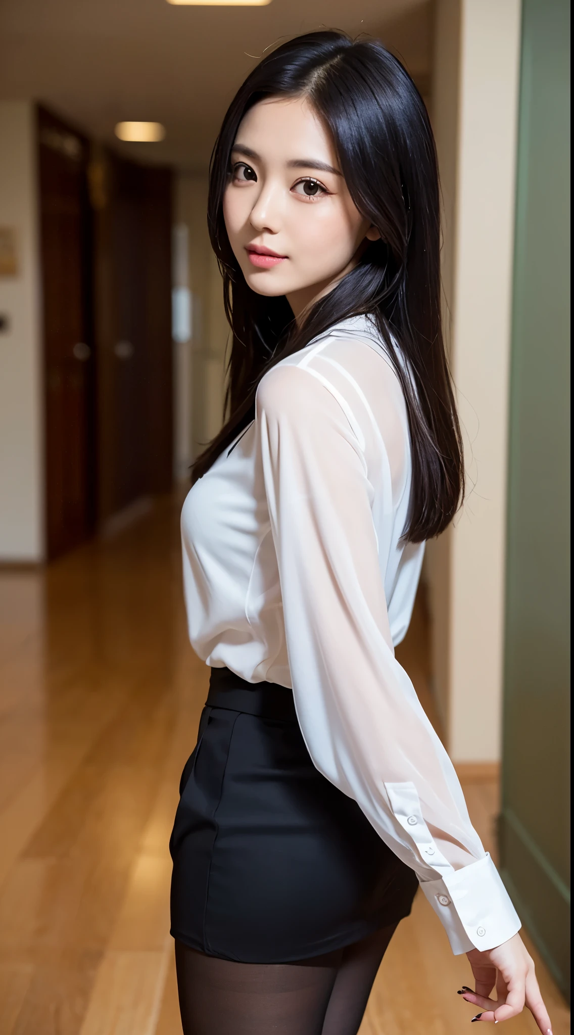 She is high on the stairs, the photographer is low(Picture angle looking up at her from below).View from behind、Very low camera angle:The Dog's Eye View、Slouched.Panties in a skirt.She turns around and looks down at the cameraman(She stares at the cameraman).Panties are inside the skirt.Detailed face rendering.Serious expression.Her gaze is fixed on the camera. (Sensual gaze on the photographer, lips slightly open).(reality).Raw photo.Perfect Anatomy.Sensual beauty.A Japanese Lady(40 years old). She is climbing the stairs.(Tight-skirted business suits).