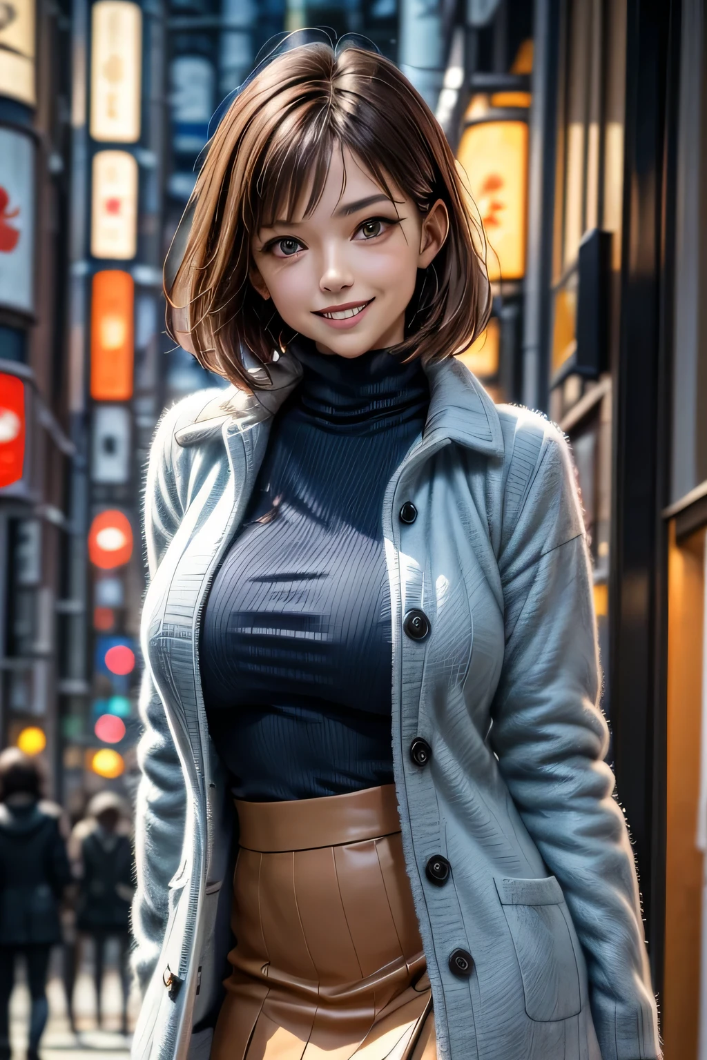 8k, RAW photo, highest quality, masterpiece, realistic, Photoreal, (1 Ultimate beauty), middle aged, highly detailed face, detailed eye, star shaped eyes, 二重eyelash, eyelash, grin and laugh, beautiful teeth, lip details, brunette bob, big breasts, (long turtleneck sweater), ((brown mini skirt)), ((wearing a blue down coat)), cowboy shot, Koen-dori in Tokyo, soft light, ((Depth of written boundary)) 