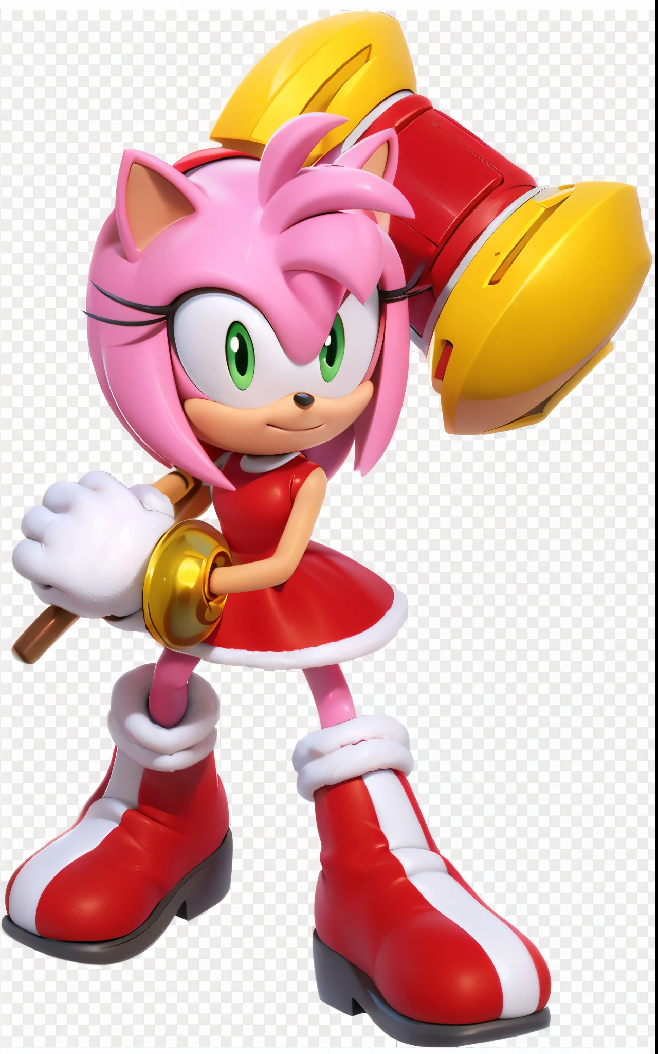 A pink anthropomorphic hedgehog, Amy Rose, is shown wearing a red dress and red shoes. She is holding a golden hammer and has green eyes.