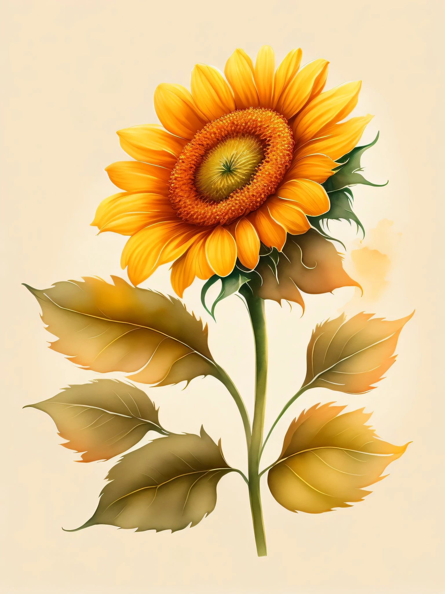 Realistic simple sunflower flower, masterpiece, in autumn landscape, warm color, Watercolor style, T-shirt design, Rozmin trip, vector art