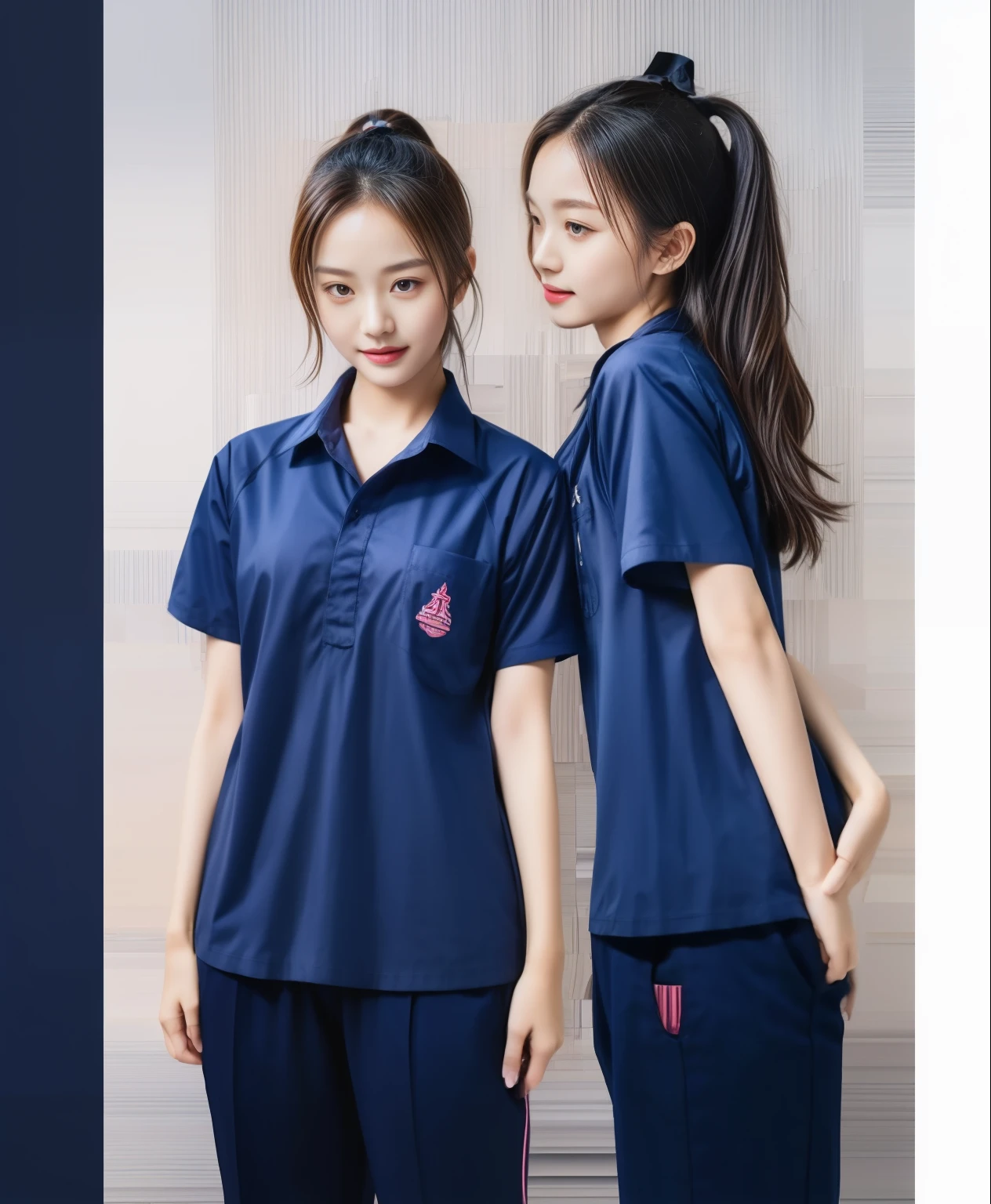 (best quality,10,10,height,Masterpiece:1.2),Special details,(realistic,ภาพrealistic,Realistic photos:1.37),1 Cute girl in the kitchen,shiny, ผิวshiny,only,smile softly,BDclothelue shirt:1.3)),short sleeve,shirt, กางเกงขาlong.,(navy_long_track pants:1.1), ((Kitchen Background)),Dynamic angle,excited,Face focus,dynamic poses,from behind,focus on ass,Masterpiece, best quality, ultra realistic, hyper-detail, 8K resolution, raw photos, Sharp focus, ((Navy blue shirt:1.1)), short sleeve, เส้นทางlong, perfect body, 2 mature women, 18 years old, Cinema-grade lighting system,blue sweatpants,shirtผ้าออกกำลังกาย,correct anatomy,perfect body, correct body, Sharp face, correct bodyทางกายวิภาค, full body, realistic gestures, long-haired, realistic poses,Wear long shorts...........................,ช่วงขาlong,Good shape,carved girl, Slender figure, model, Good shape, beautiful body,blue sweatpants, two girls kissing