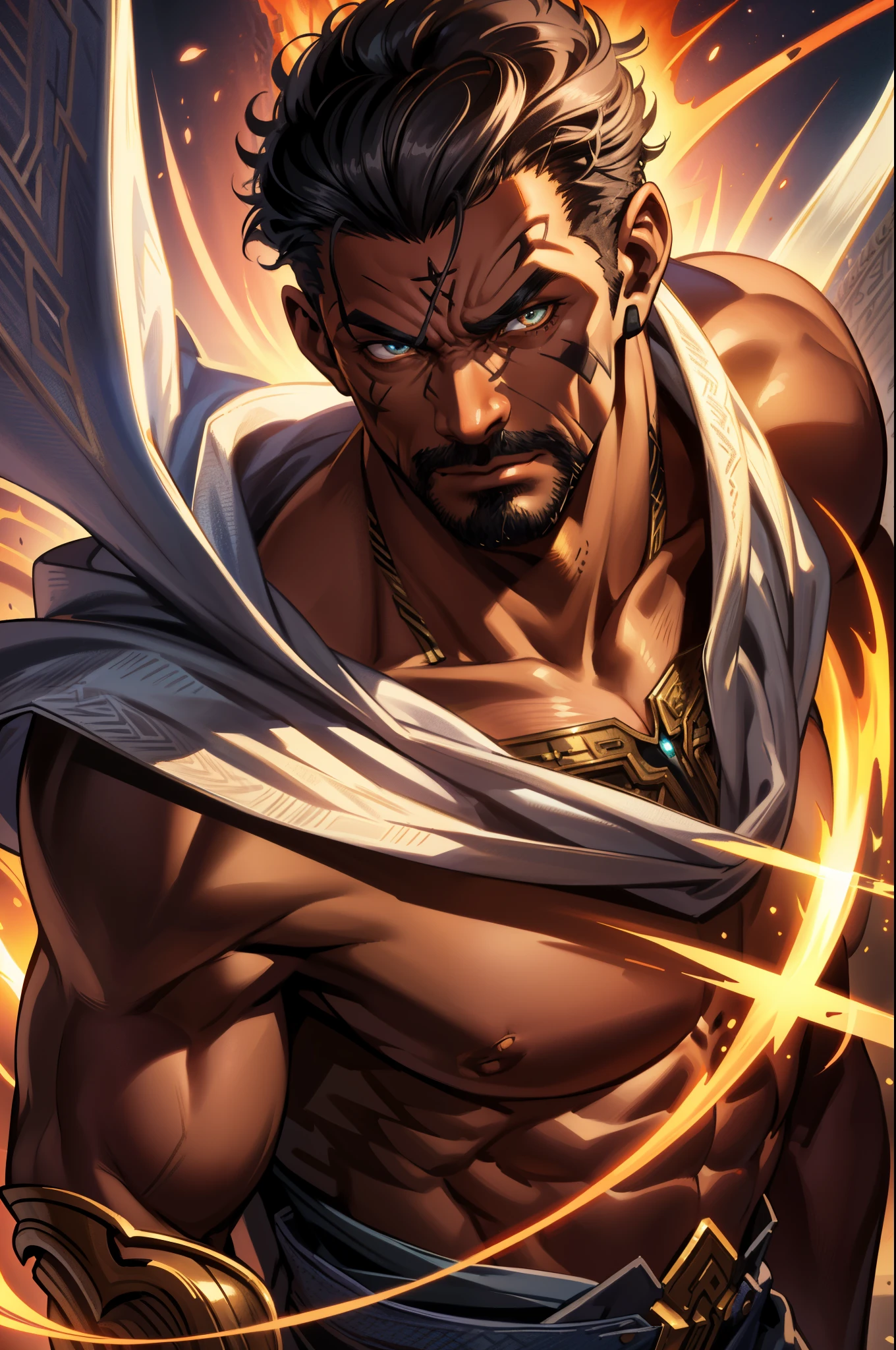 (extremely detailed CG unity 4k wallpaper),(masterpiece),(best quality),(ultra-detailed),(best illustration),(best shadow),(absurdres),(detailed background), Detailed face, Detailed hair, upperbody shot, Ancient Sumerian middle-aged male, black skin tone, black hair, muscular, Serious face, scars,